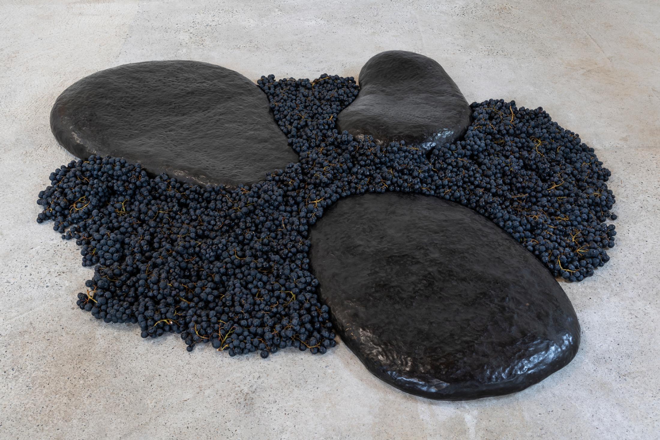 Exhibition View Group Show «This Morning, in the Sweet Torpor of the Great Forest, is Like Every Morning in the World; view on Solange Pessoa, Untitled, 2019, (detail), Bronze and grapes, 10 x 110 x 80 cm | 16 x 60 x 100 cm | 20 x 100 x 130 cm» at Country SALTS, Bennwil, 2020 / Photo: Gunnar Meier / Courtesy: the artist and Mendes Wood DM, Brüssels / Sao Paolo