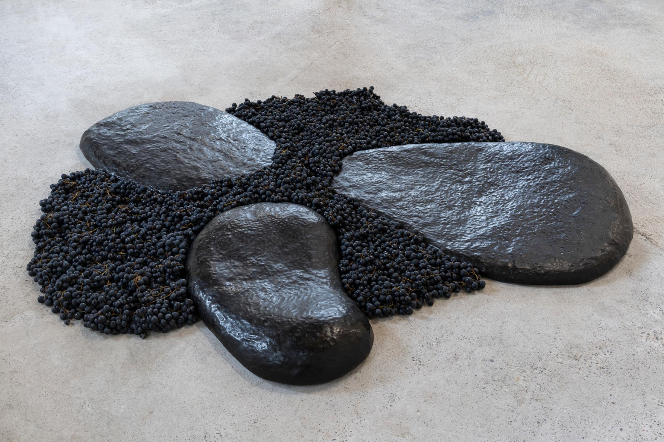 Exhibition View Group Show «This Morning, in the Sweet Torpor of the Great Forest, is Like Every Morning in the World; view on Solange Pessoa, Untitled, 2019, Bronze and grapes, 10 x 110 x 80 cm | 16 x 60 x 100 cm | 20 x 100 x 130 cm» at Country SALTS, Bennwil, 2020 / Photo: Gunnar Meier / Courtesy: the artist and Mendes Wood DM, Brüssels / Sao Paolo