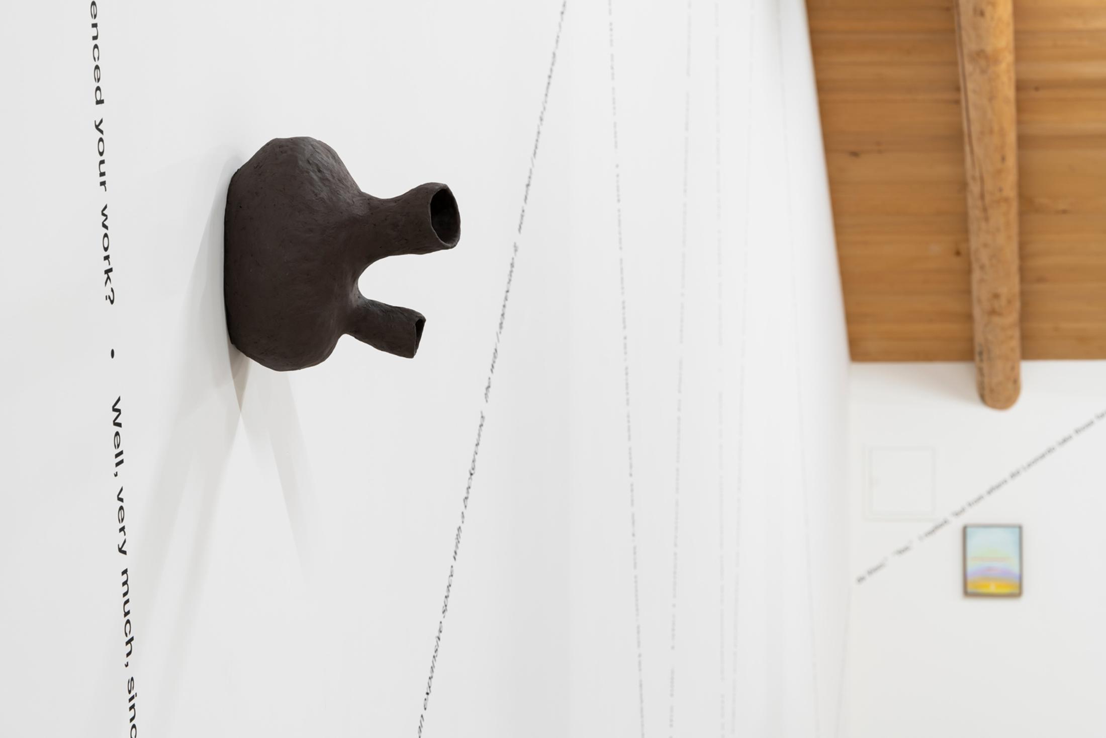 Exhibition View Group Show «This Morning, in the Sweet Torpor of the Great Forest, is Like Every Morning in the World; view on Solange Pessoa, Untitled, 2019, ceramic, 32 × 22 × 33 cm» at Country SALTS, Bennwil, 2020 / Photo: Gunnar Meier / Courtesy: the artist