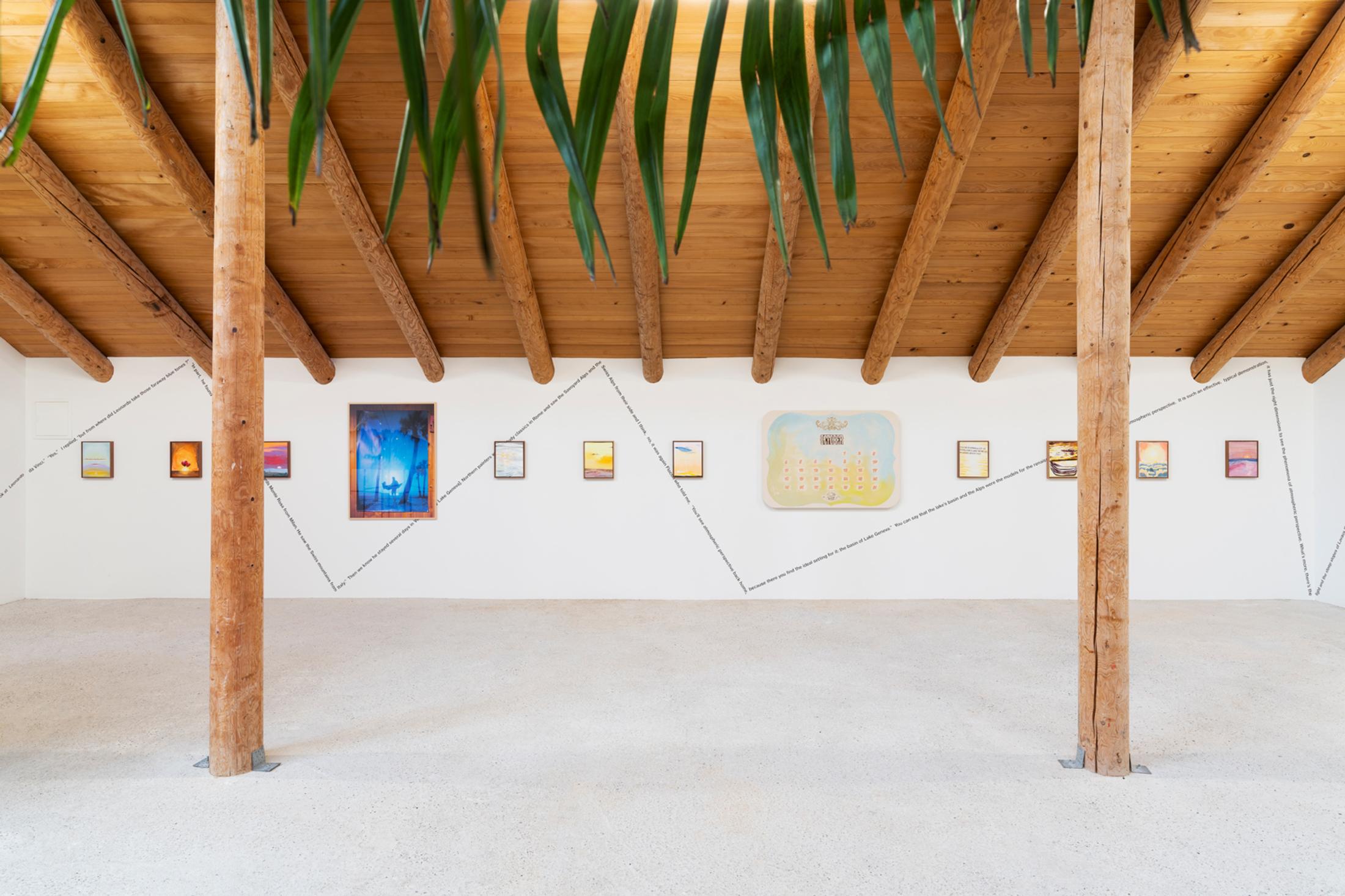 Exhibition View Group Show «This Morning, in the Sweet Torpor of the Great Forest, is Like Every Morning in the World; view on Elise Corpataux, All we have is now (Series), 2020, Acrylic on canvas, framed photograph, each: 30 x 24 cm and Claudia Comte & Adeline Mollard, Pietro Sarto (The Interview Wall Paintings), 2007/20, Acrylic wall painting, Dimensions determined space» at Country SALTS, Bennwil, 2020 / Photo: Gunnar Meier / Courtesy: the artist; König Gallery, Berlin / London & Gladstone Gallery, New York / Brussels