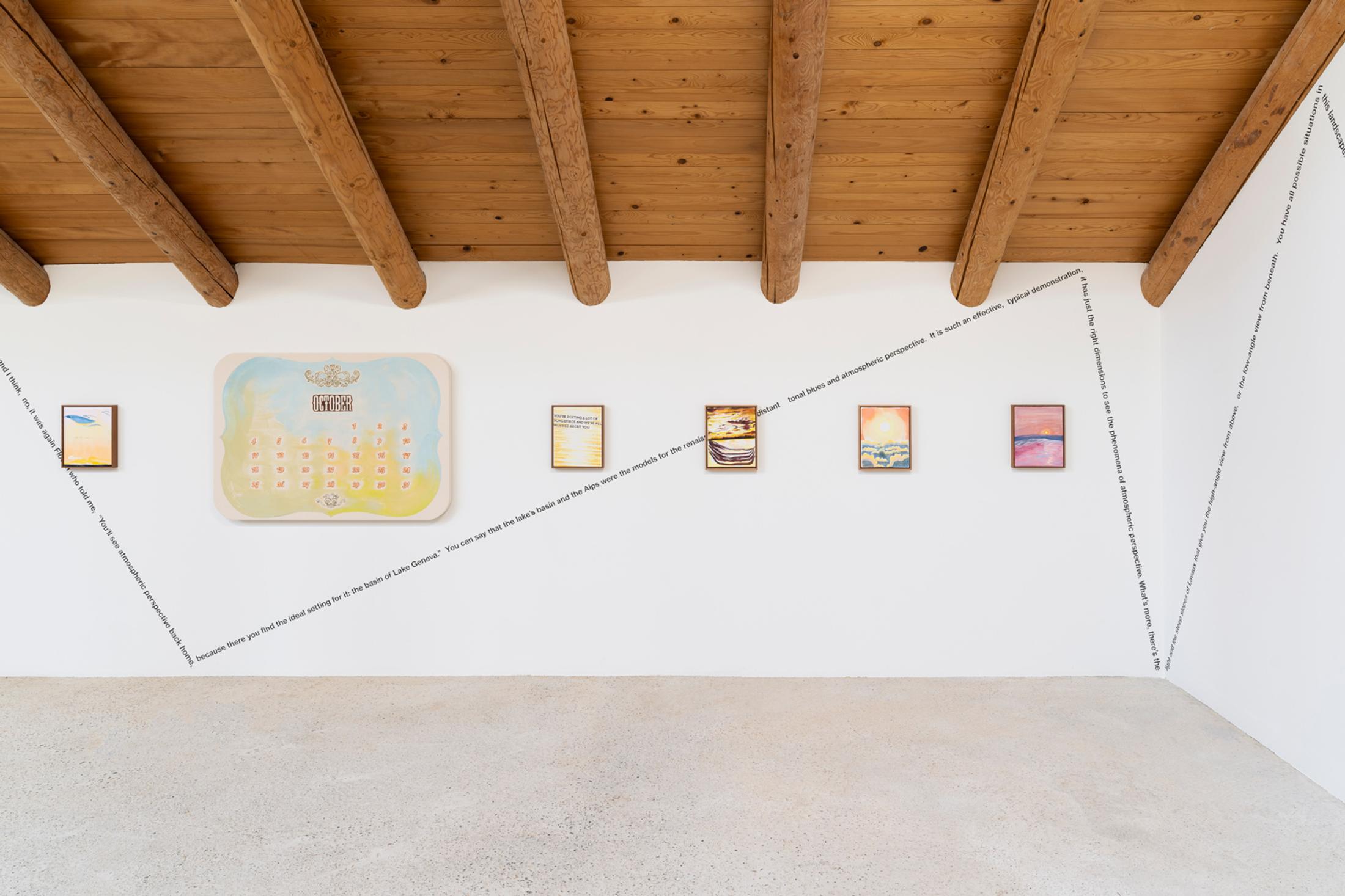 Exhibition View Group Show «This Morning, in the Sweet Torpor of the Great Forest, is Like Every Morning in the World; view on Elise Corpataux, All we have is now (Series), 2020, Acrylic on canvas, framed photograph, each: 30 x 24 cm and Claudia Comte & Adeline Mollard, Pietro Sarto (The Interview Wall Paintings), 2007/20, Acrylic wall painting, Dimensions determined space» at Country SALTS, Bennwil, 2020 / Photo: Gunnar Meier / Courtesy: the artist; König Gallery, Berlin / London & Gladstone Gallery, New York / Brussels