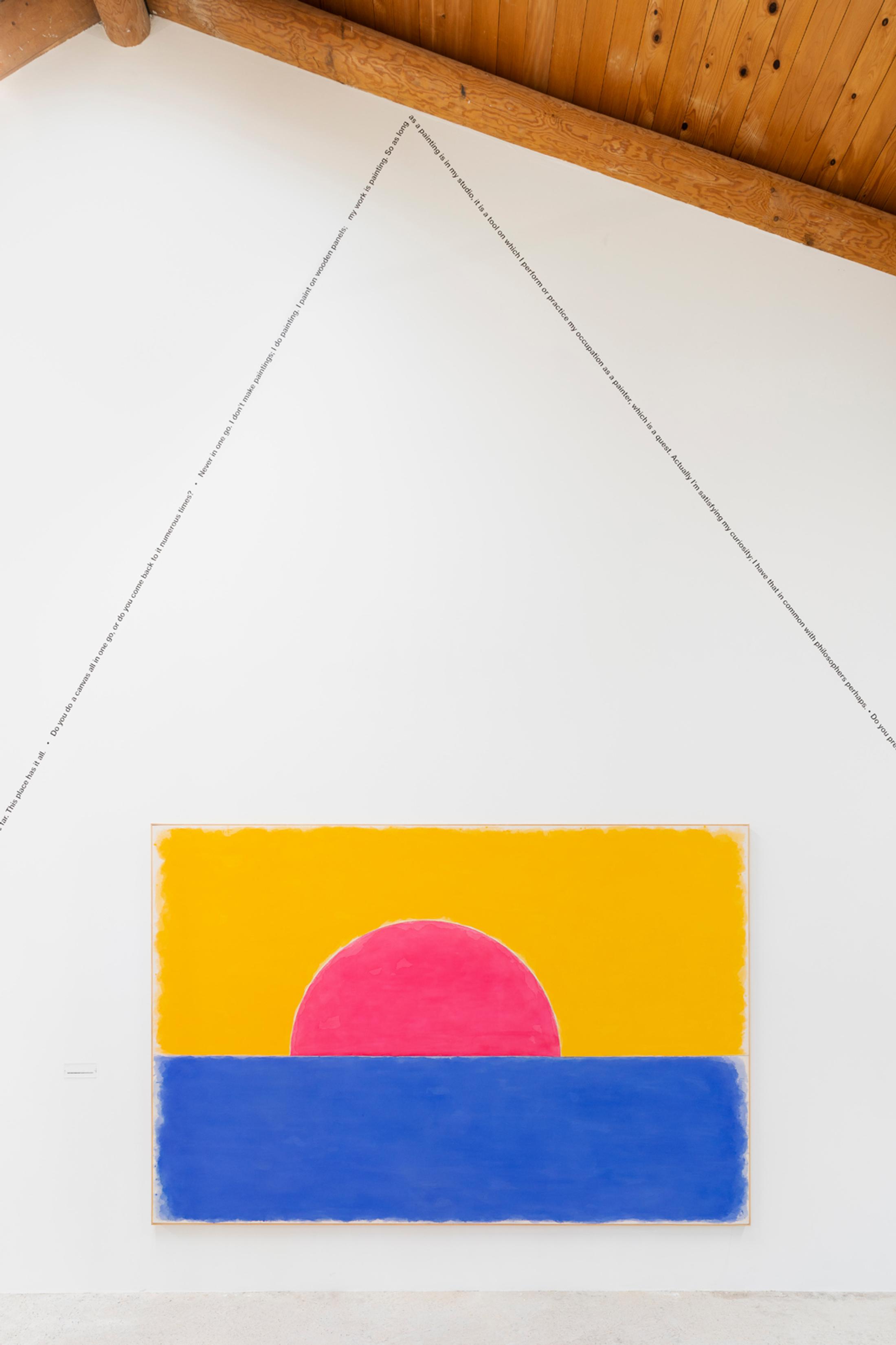 Exhibition View Group Show «This Morning, in the Sweet Torpor of the Great Forest, is Like Every Morning in the World; view on Claudia Comte & Adeline Mollard, Pietro Sarto (The Interview Wall Paintings), 2007/20, (detail), Acrylic wall painting, Dimensions determined space and Ugo Rondinone, vierterdezemberzweitausendundneunzehn, 2019, Watercolour on canvas, artist’s frame, plexiglass plaque with caption, 202 x 302 cm» at Country SALTS, Bennwil, 2020 / Photo: Gunnar Meier / Courtesy: the artists; König Gallery, Berlin / London & Gladstone Gallery, New York / Brussels and Galerie Eva Presenhuber, Zurich / New York