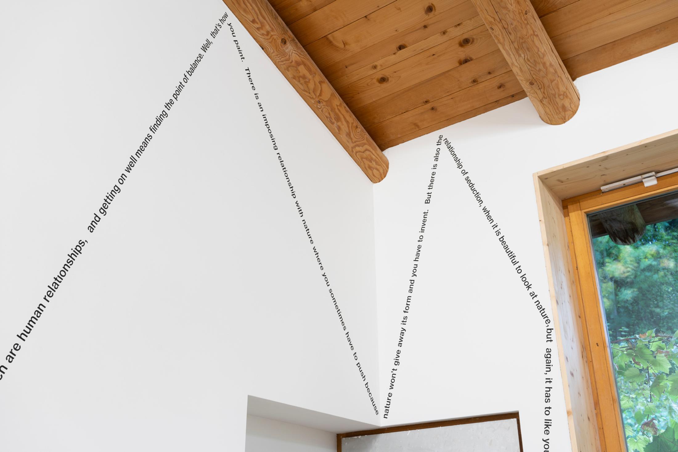 Exhibition View Group Show «This Morning, in the Sweet Torpor of the Great Forest, is Like Every Morning in the World; view on Claudia Comte & Adeline Mollard, Pietro Sarto (The Interview Wall Paintings), 2007/20, (detail), Acrylic wall painting, Dimensions determined space» at Country SALTS, Bennwil, 2020 / Photo: Gunnar Meier / Courtesy: the artist and König Gallery, Berlin / London & Gladstone Gallery, New York / Brussels