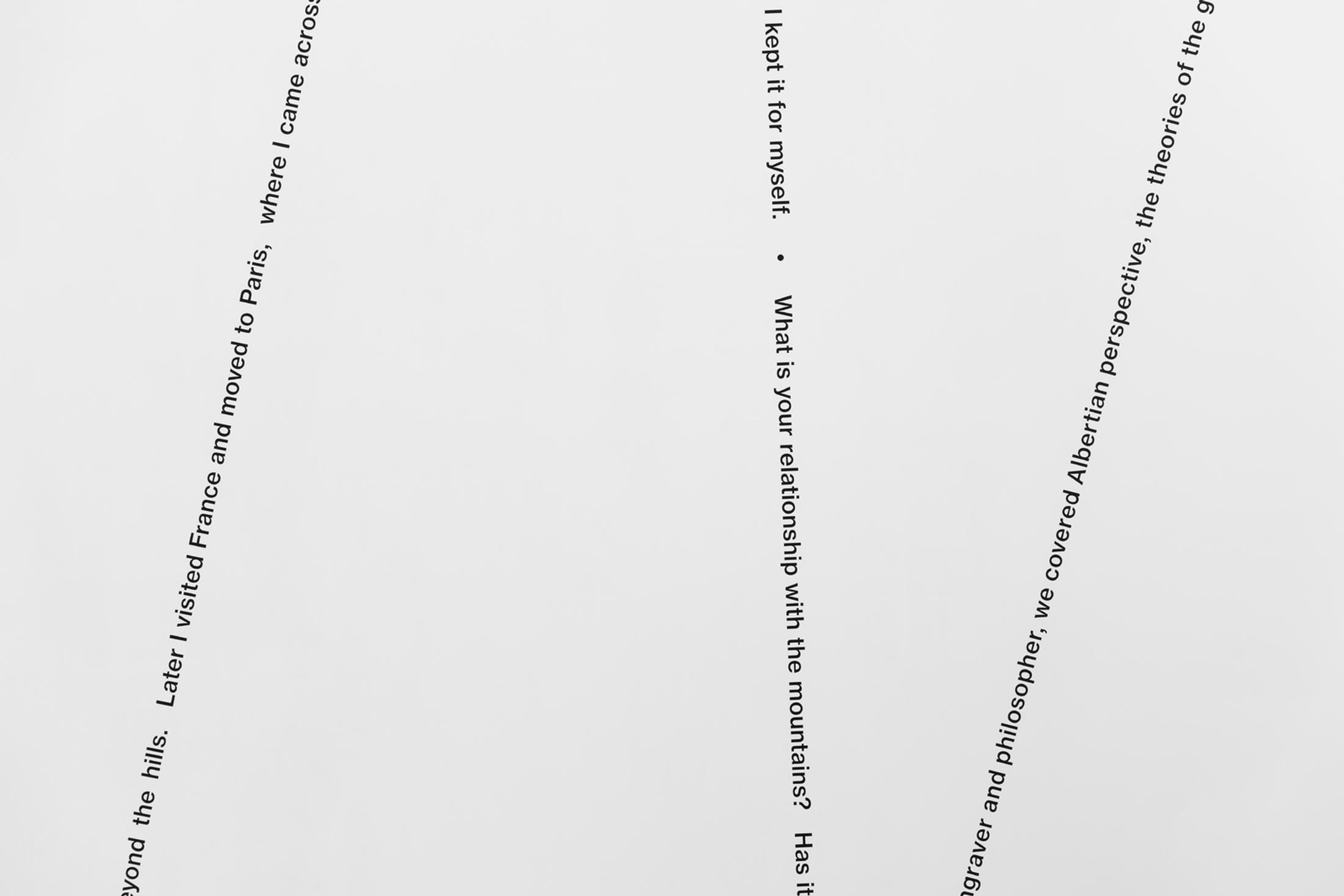 Exhibition View Group Show «This Morning, in the Sweet Torpor of the Great Forest, is Like Every Morning in the World; view on Claudia Comte & Adeline Mollard, Pietro Sarto (The Interview Wall Paintings), 2007/20, (detail), Acrylic wall painting, Dimensions determined space» at Country SALTS, Bennwil, 2020 / Photo: Gunnar Meier / Courtesy: the artist and König Gallery, Berlin / London & Gladstone Gallery, New York / Brussels
