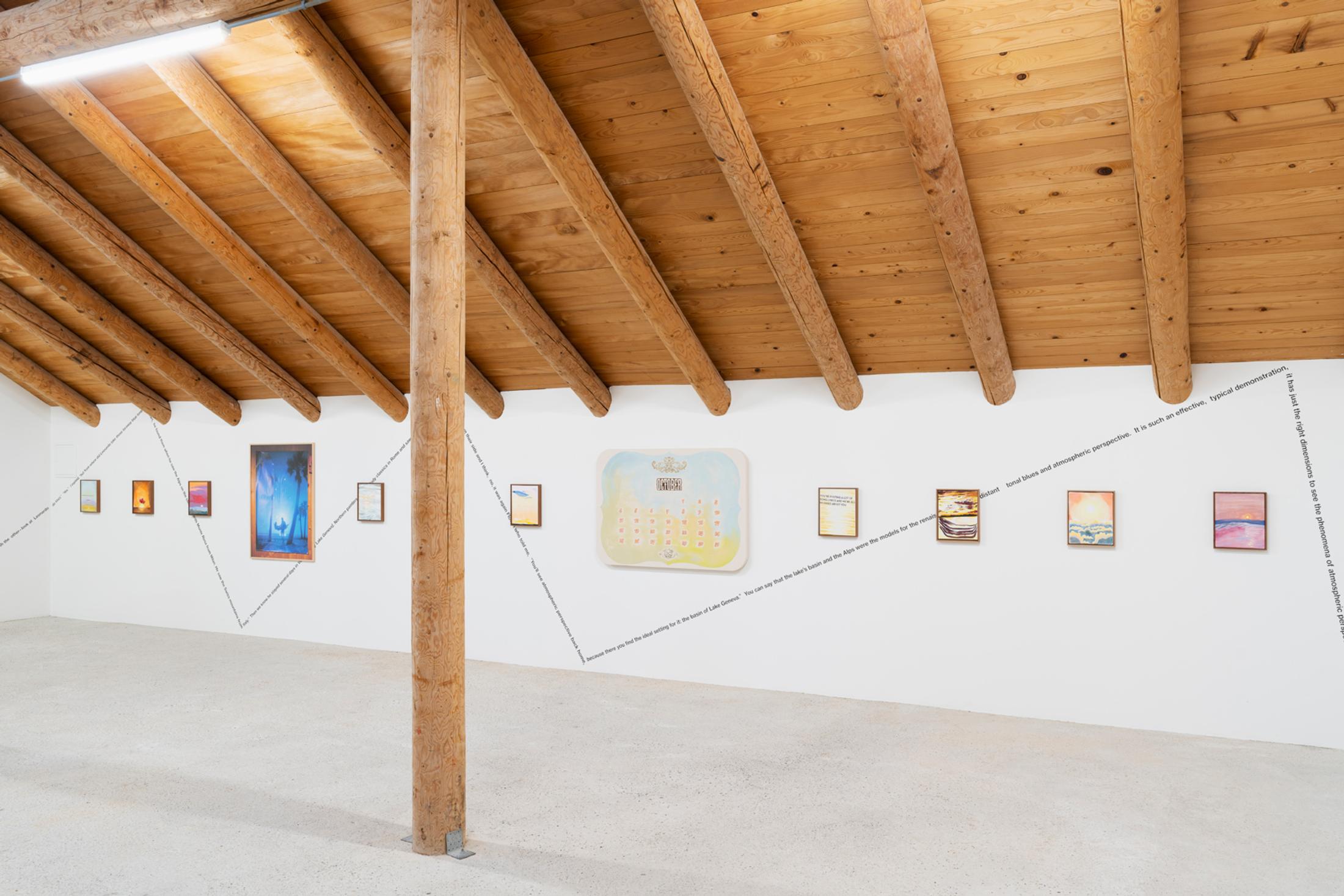 Exhibition View Group Show «This Morning, in the Sweet Torpor of the Great Forest, is Like Every Morning in the World; view on Elise Corpataux, All we have is now (Series), 2020, Acrylic on canvas, framed photograph, each: 30 x 24 cm and Claudia Comte & Adeline Mollard, Pietro Sarto (The Interview Wall Paintings), 2007/20, Acrylic wall painting, Dimensions determined space» at Country SALTS, Bennwil, 2020 / Photo: Gunnar Meier / Courtesy: the artist; König Gallery, Berlin / London & Gladstone Gallery, New York / Brussels