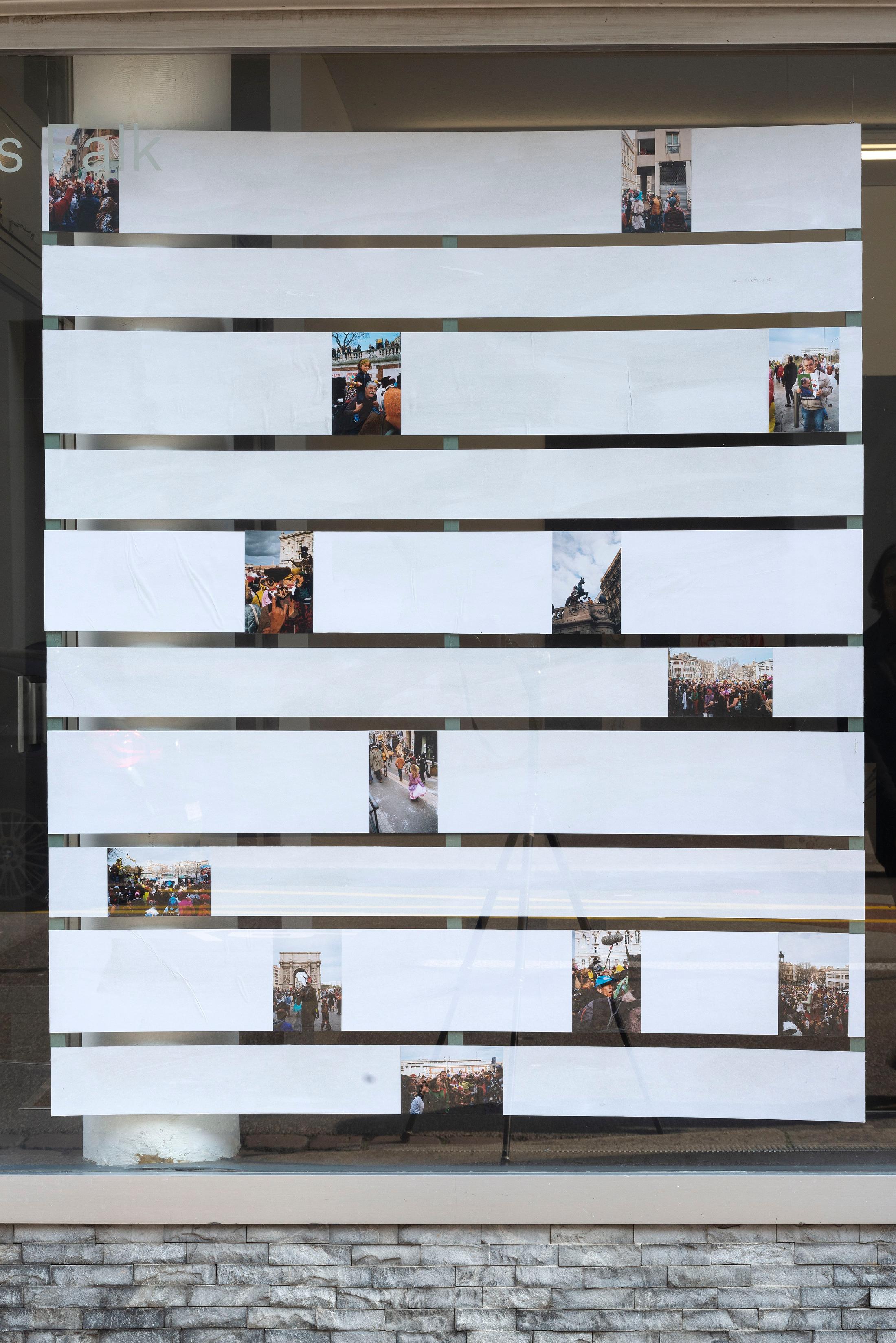 Exhibition View Timothée Calame and Alan Schmalz Soloshow «Affinities ; view on Mobilier/Documentaire (Marseille-Carneval-‘19) IV, 2019» at Weiss Falk, Basel, 2019 / Photo: Flavio Karrer / Courtesy: the artists and Weiss Falk