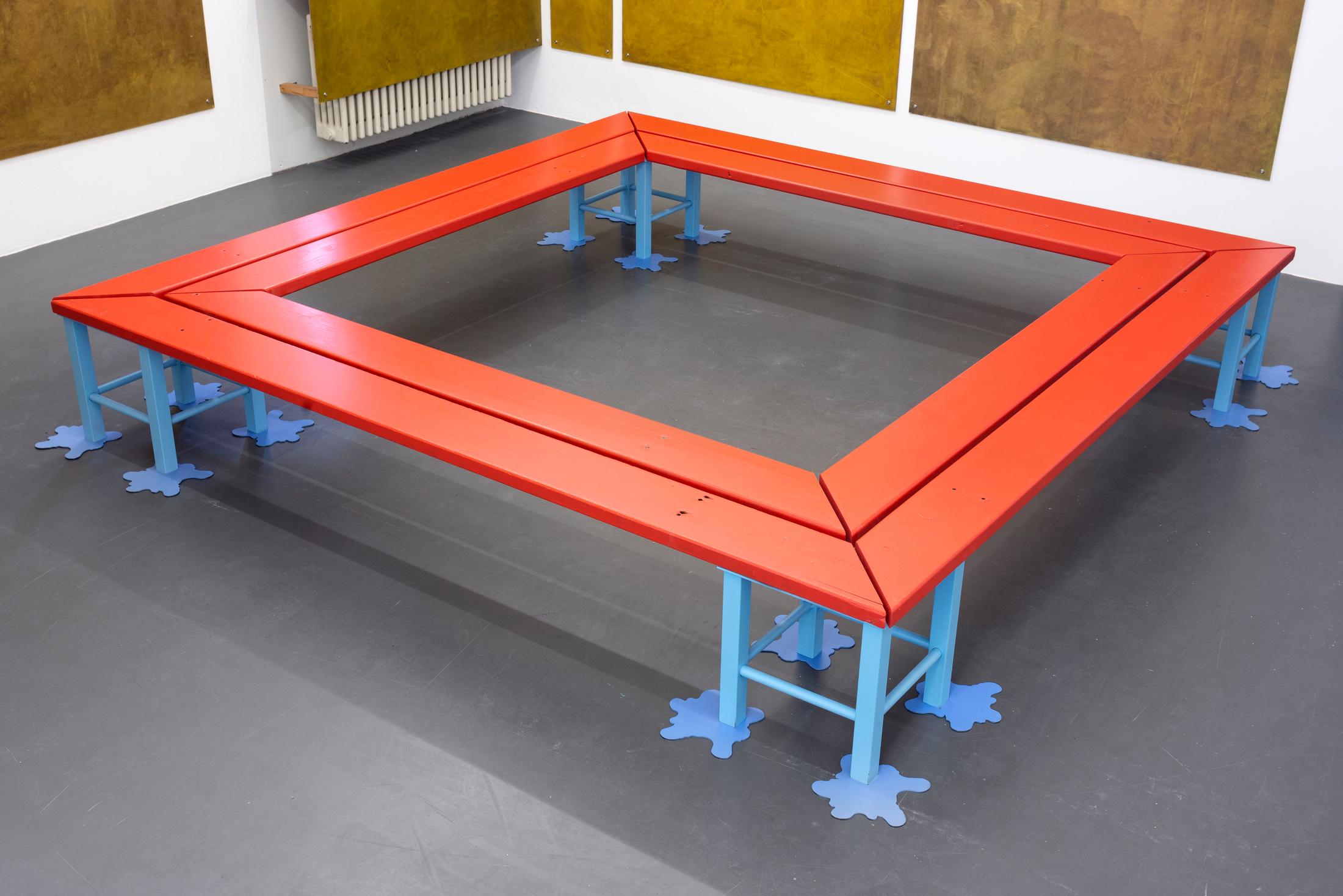 Exhibition View Timothée Calame and Alan Schmalz Soloshow «Affinities ; view on Mobilier Pré-conçu (Îlot), 2019» at Weiss Falk, Basel, 2019 / Photo: Flavio Karrer / Courtesy: the artists and Weiss Falk