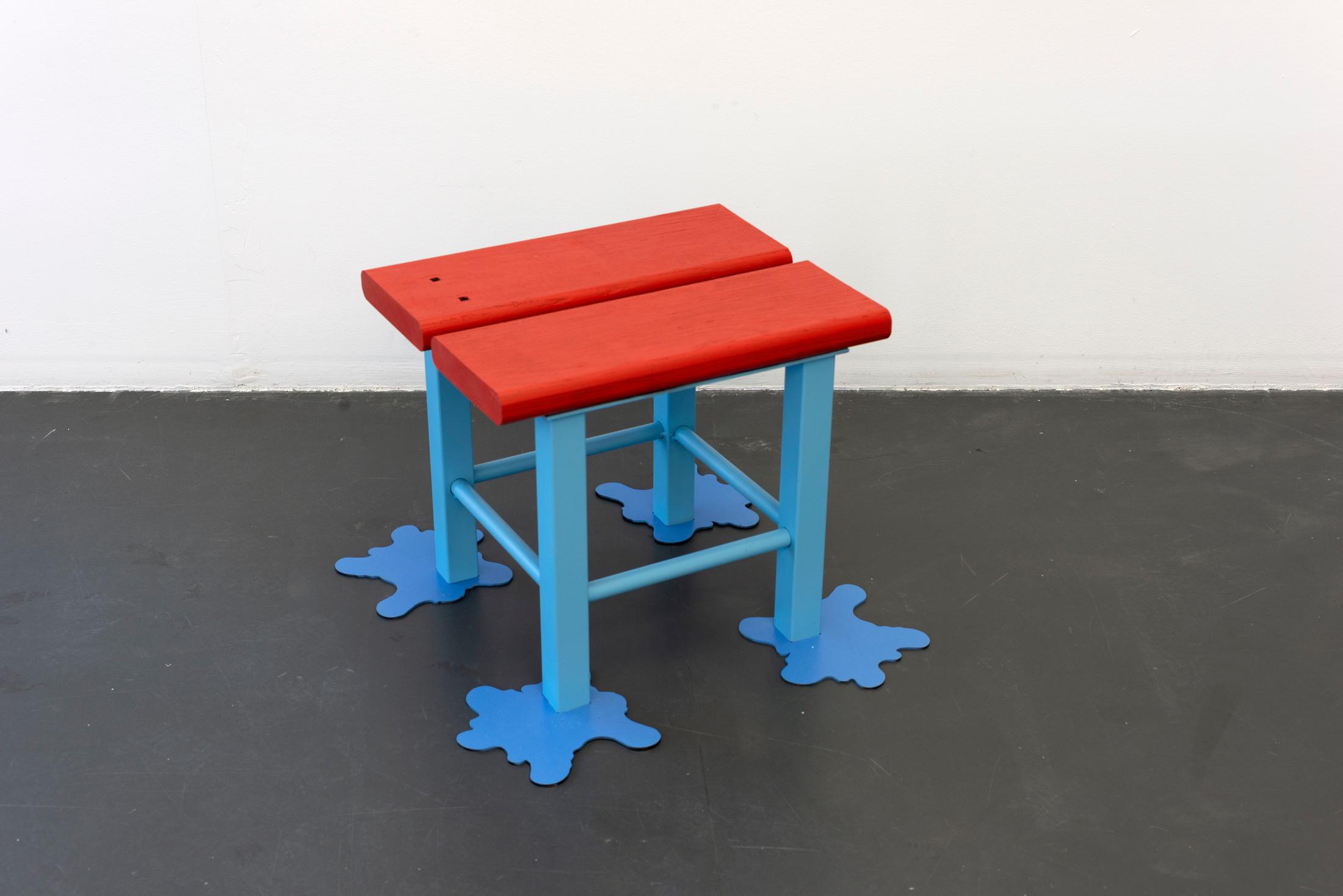 Exhibition View Timothée Calame and Alan Schmalz Soloshow «Affinities ; view on Mobilier Pré-conçu (Tabouret I), 2019» at Weiss Falk, Basel, 2019 / Photo: Flavio Karrer / Courtesy: the artists and Weiss Falk