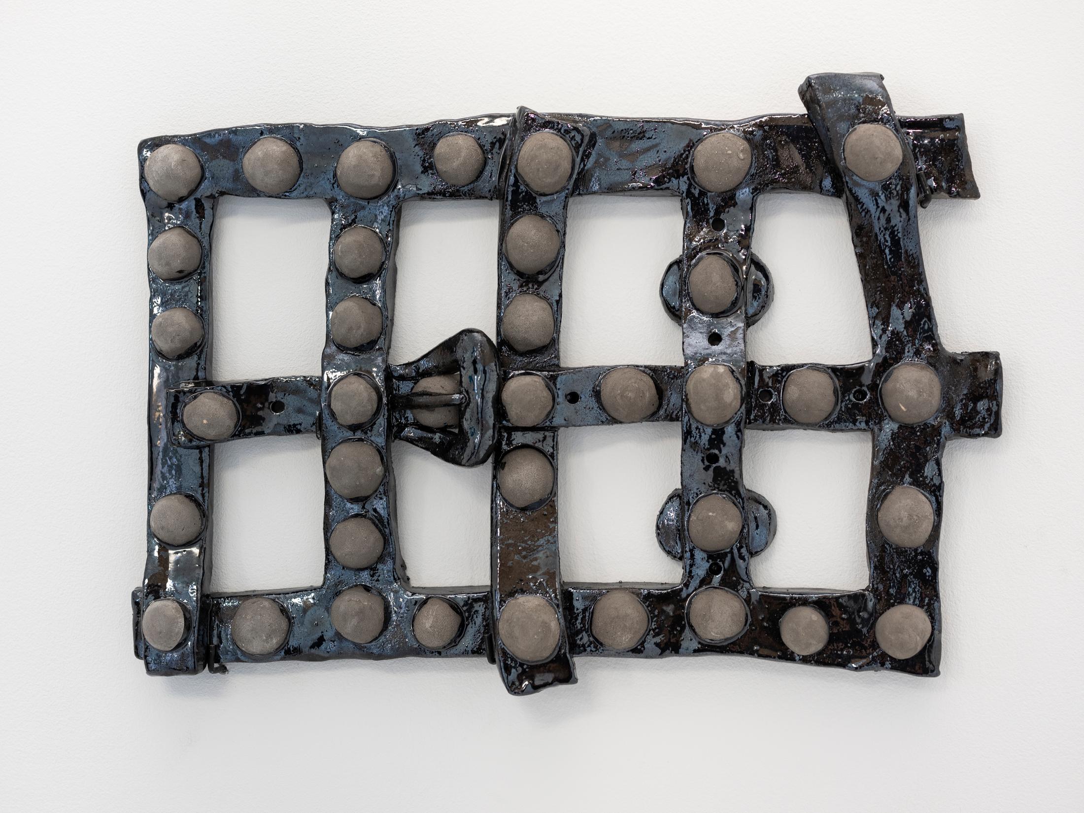 Exhibition View Group Show «Toast; view on Lou Masduraud, Belt (Alicia), glazed ceramics, 43 x 28 x 6 cm, 2021» at A. Romy Gallery, Zurich, 2023 / Photo: Philip Frowein / Courtesy: the artist and A. Romy Gallery
