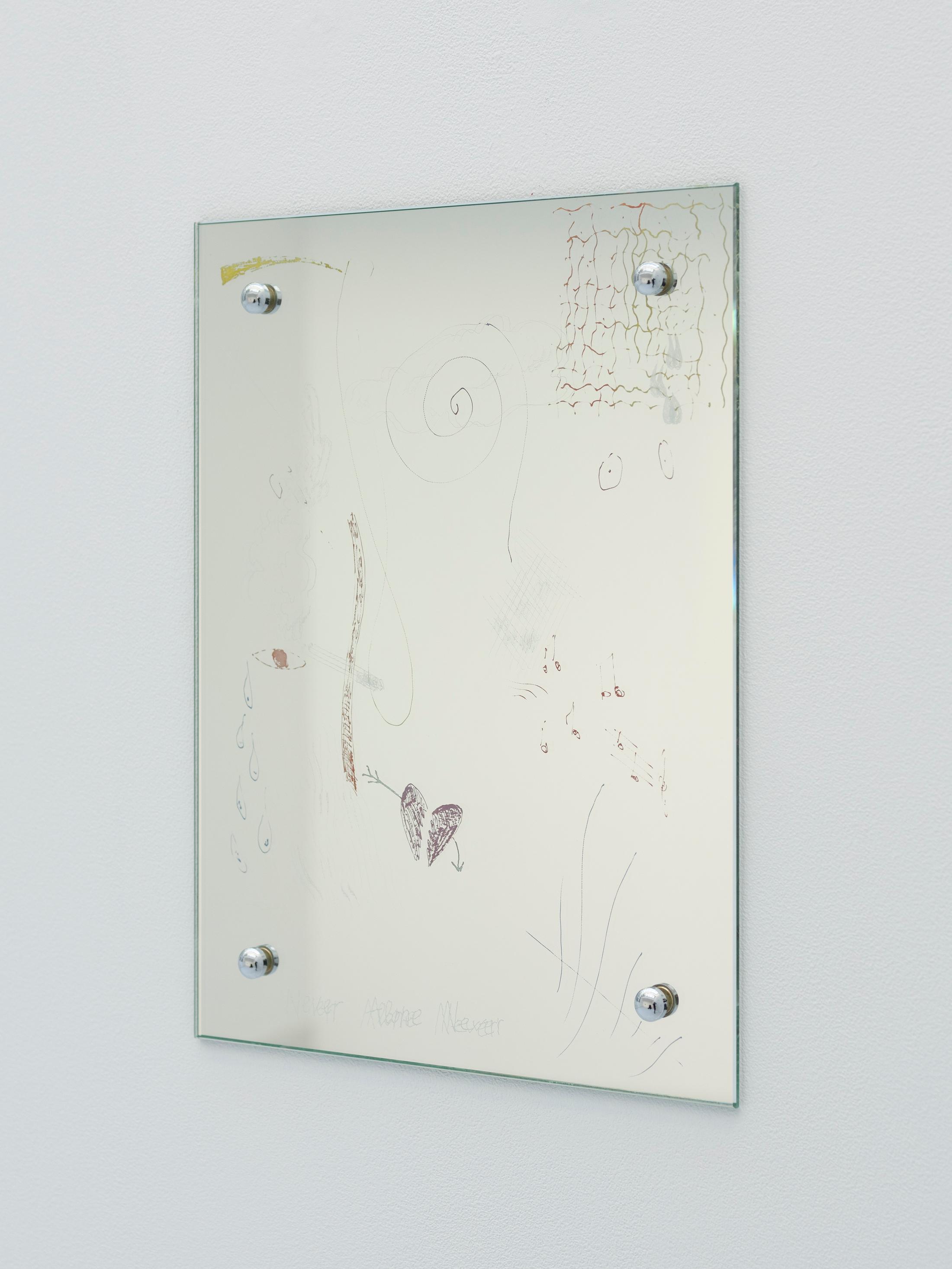 Exhibition View Group Show «Toast; view on Zoé de Soumagnat, There III, engraved and painted mirror, 40 x 30 cm, 2021» at A. Romy Gallery, Zurich, 2023 / Photo: Philip Frowein / Courtesy: the artist and A. Romy Gallery