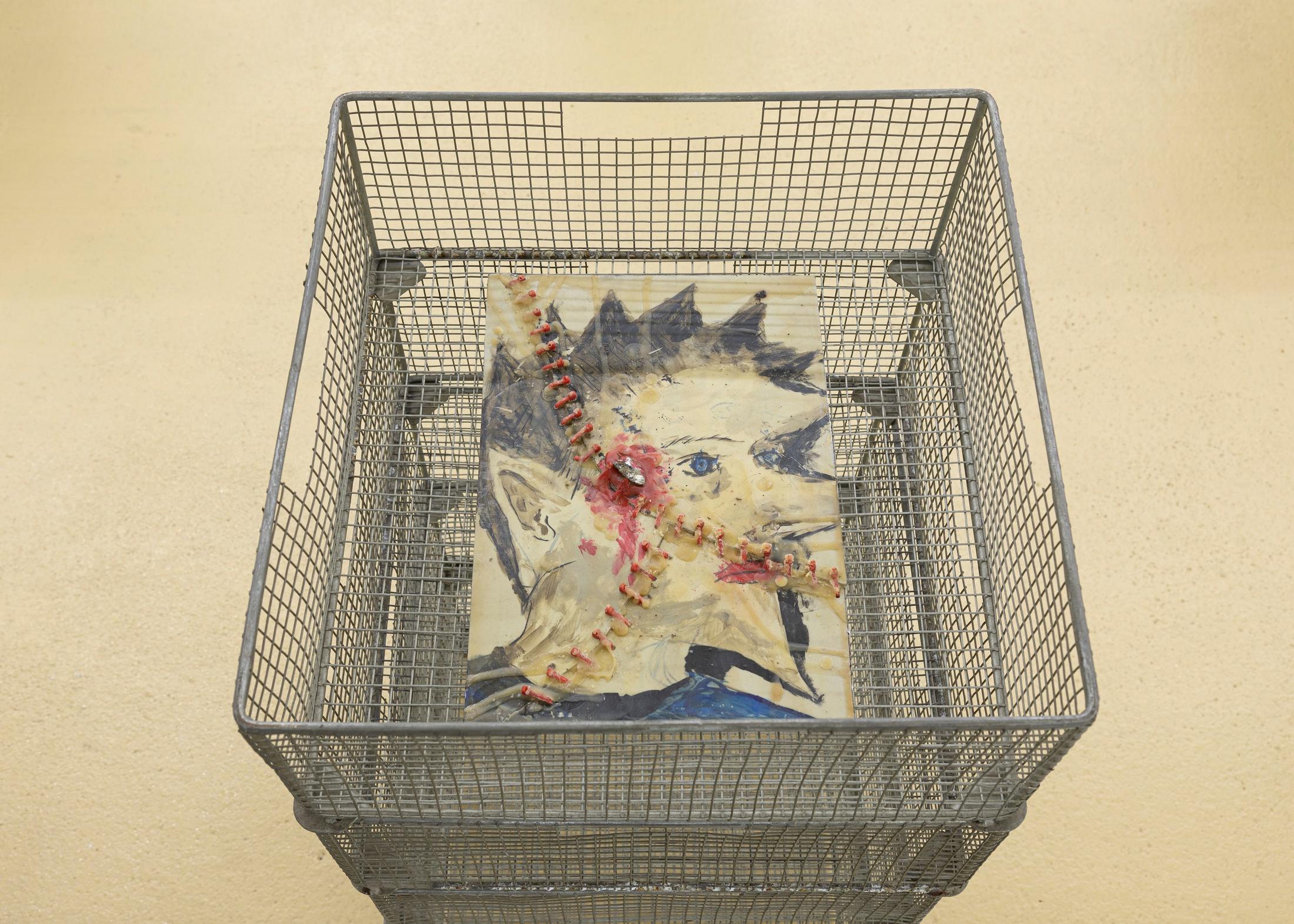 Exhibition View Group Show «true grid irl; view on Basile Dinbergs, Looking at ice with icy eyes, 2020, 32 x 22 x 2 cm, acrylic paint on plexiglass, red clamps, tin, bee wax, aluminium gaffer tape» at unanimous consent, Zurich-Oerlikon, 2020 / Photo: Michal Florence Schorro / Courtesy: the artists and unanimous consent