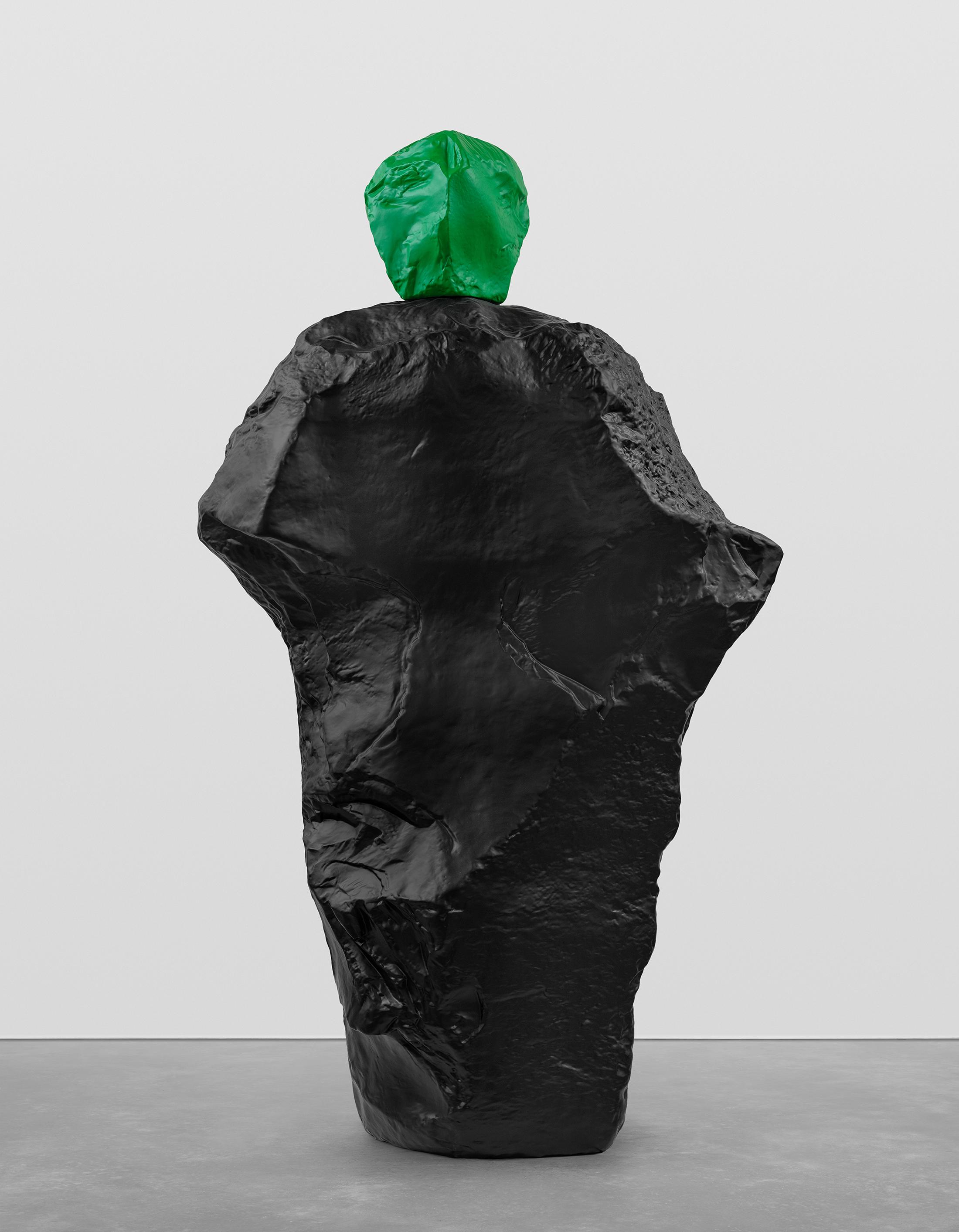 Exhibition View Ugo Rondinone Solo Show «nuns + monks; view on Ugo Rondinone, green black monk, 2020, Painted bronze, 295 x 97 x 170.5 cm» at Galerie Eva Presenhuber, Maag Areal, Zurich, 2020 / Photo: Stefan Altenburger / © Ugo Rondinone / Courtesy the artist and Galerie Eva Presenhuber, Zurich / New York