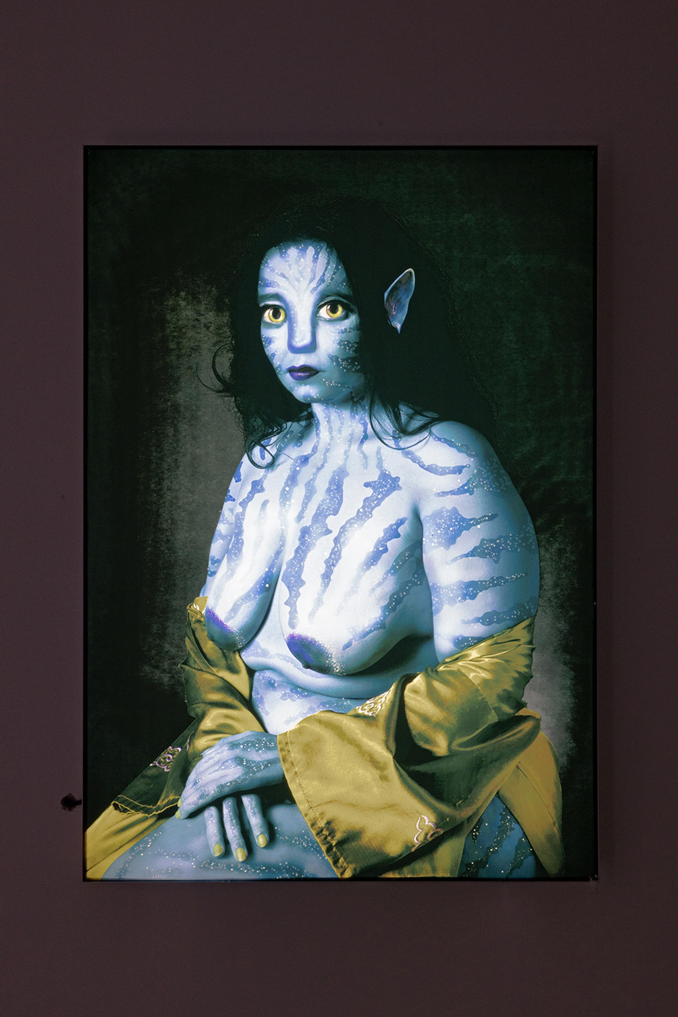 Exhibition View Group Show «Unbetrauerbar; view on Giulia Essyad, Familiar, 2020, 100 x 70 cm, digital print on fabric, aluminum frame, LED» at For, Basel, 2022 / Photo: Gina Folly / Courtesy: the artist and For