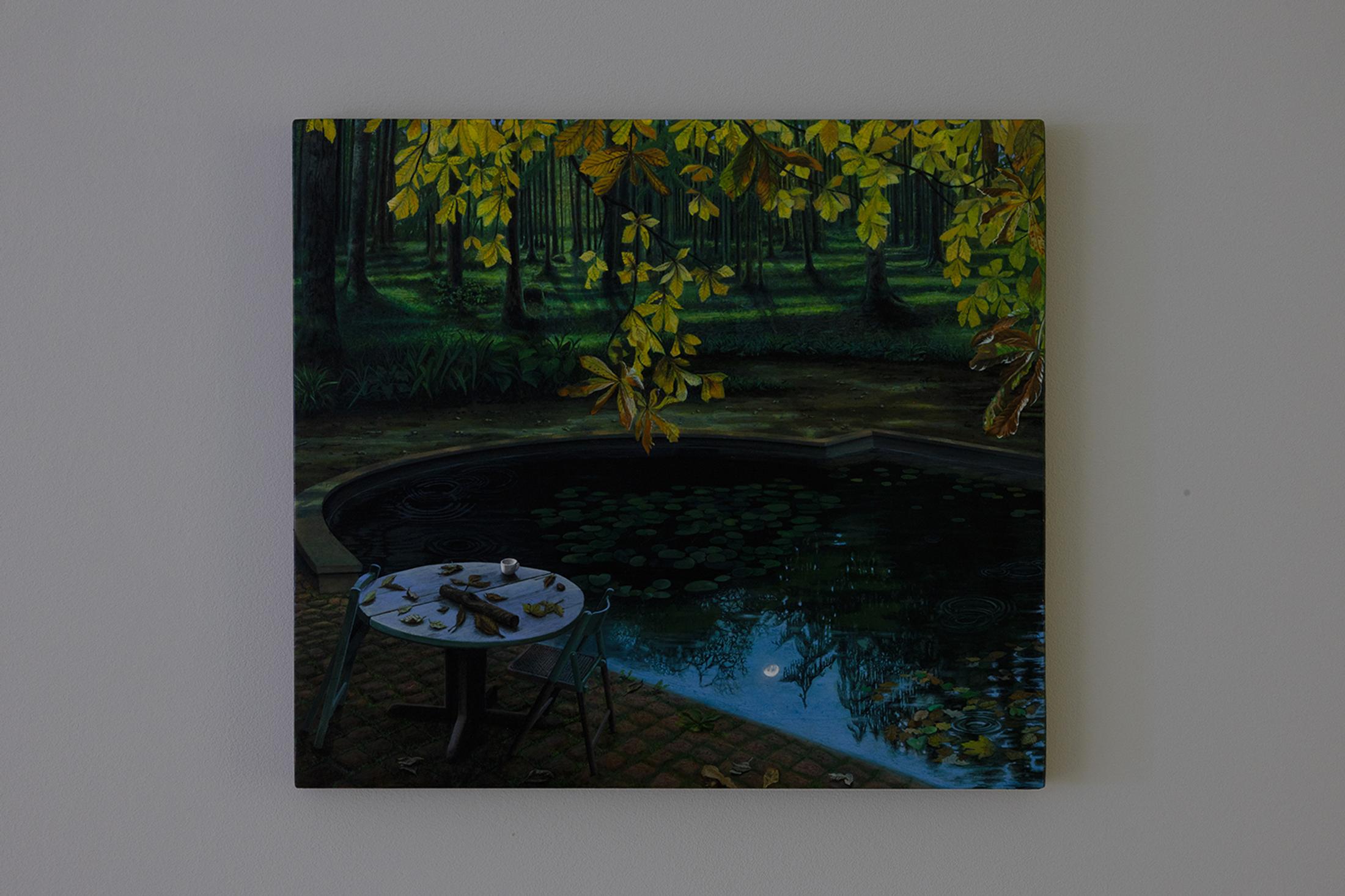 Exhibition View Group Show «Unbetrauerbar; view on Rita Siegfried, Mond und Tasse, 2022, 27 x 30 cm, acrylic on wood» at For, Basel, 2022 / Photo: Gina Folly / Courtesy: the artist and For