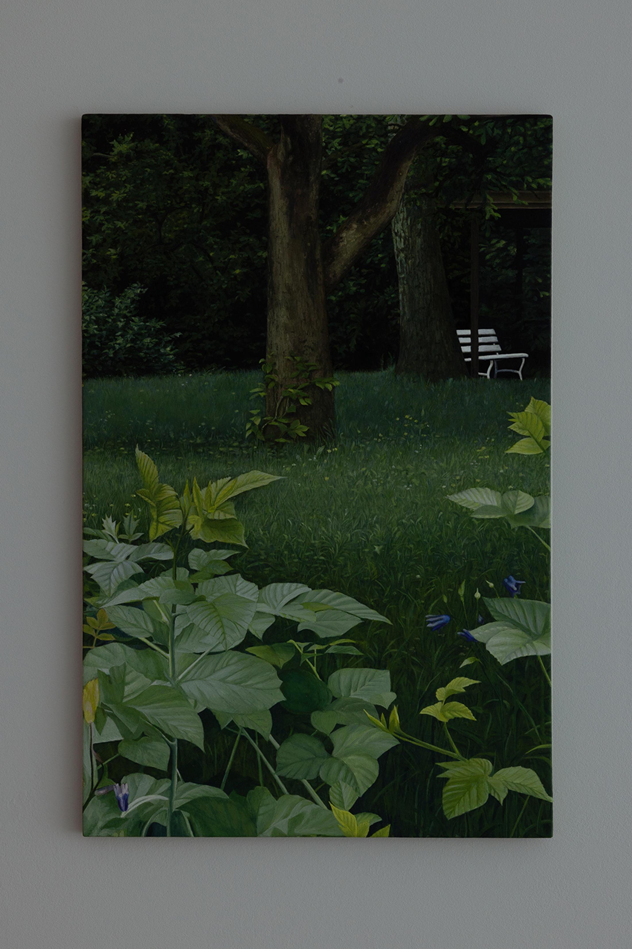 Exhibition View Group Show «Unbetrauerbar; view on Rita Siegfried, Weisse Bank, 2009, 51 x 33 cm, acrylic on wood» at For, Basel, 2022 / Photo: Gina Folly / Courtesy: the artist and For