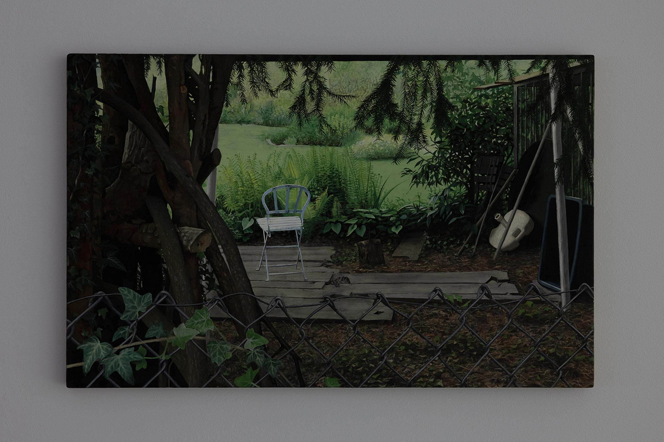 Exhibition View Group Show «Unbetrauerbar; view on Rita Siegfried, Hintergarten, 2009, 26 x 41 cm, acrylic on wood» at For, Basel, 2022 / Photo: Gina Folly / Courtesy: the artist and For