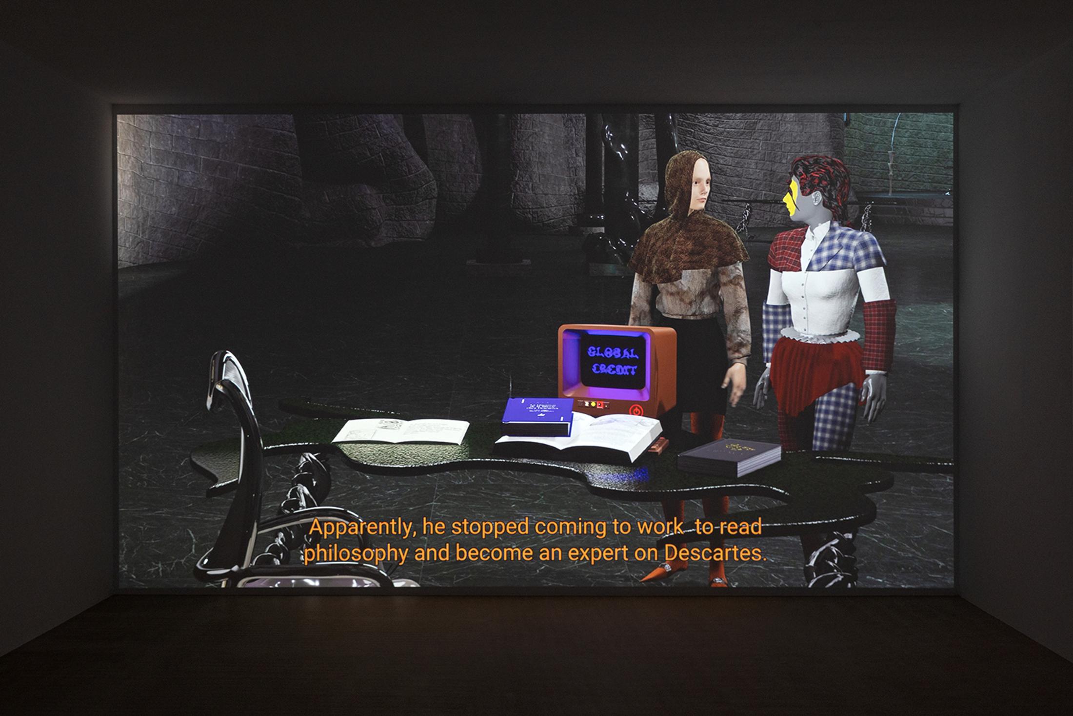 Exhibition View Group Show «Unbetrauerbar; view on Elin Gonzalez & Callum Ross, Clockwatchers, 2021, 3D-animated film, 23‘» at For, Basel, 2022 / Photo: Gina Folly / Courtesy: the artists and For