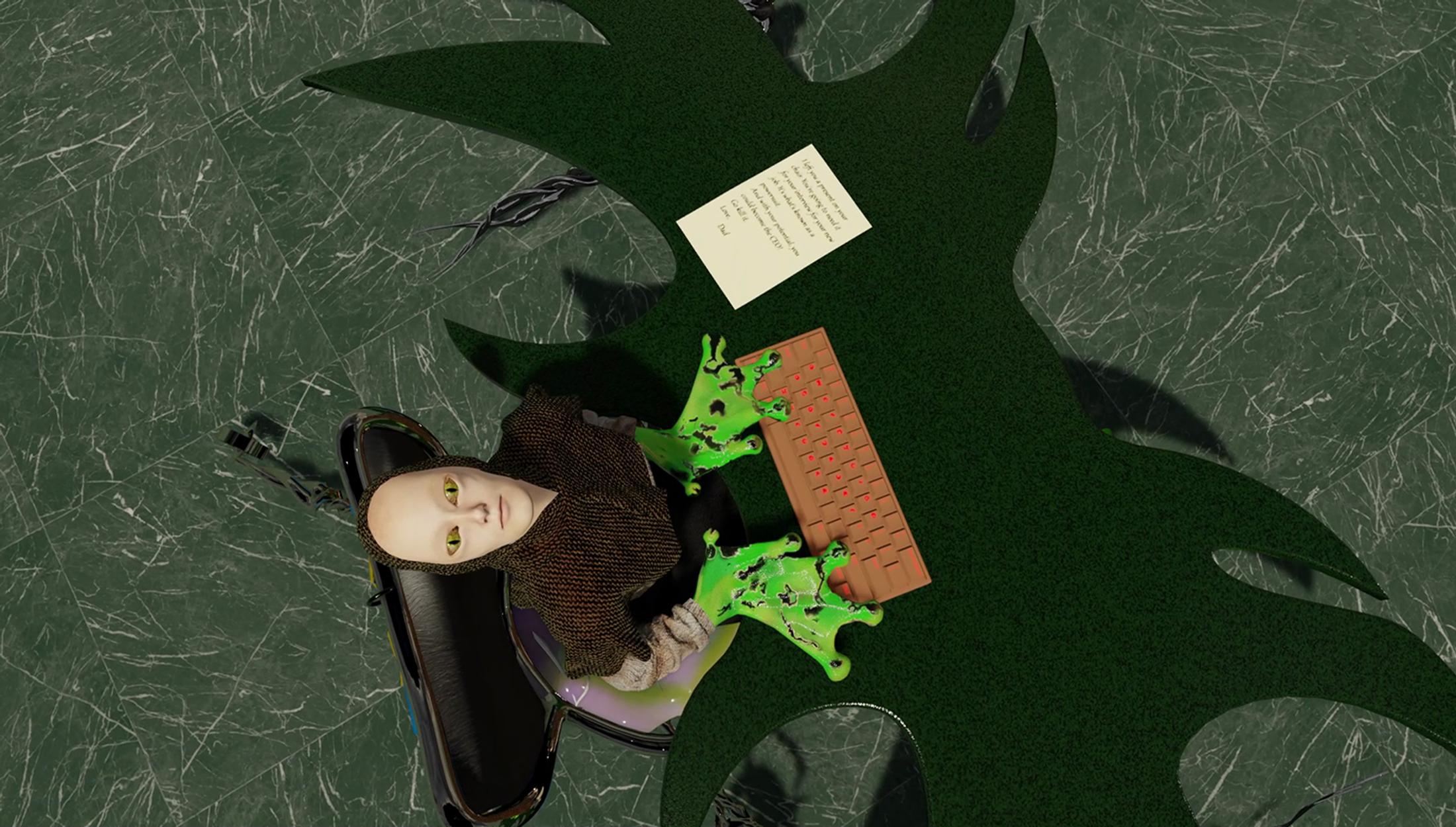 Exhibition View Group Show «Unbetrauerbar; view on Elin Gonzalez & Callum Ross, Clockwatchers, 2021, 3D-animated film, 23‘ (Videostill)» at For, Basel, 2022 / Photo: Gina Folly / Courtesy: the artists and For