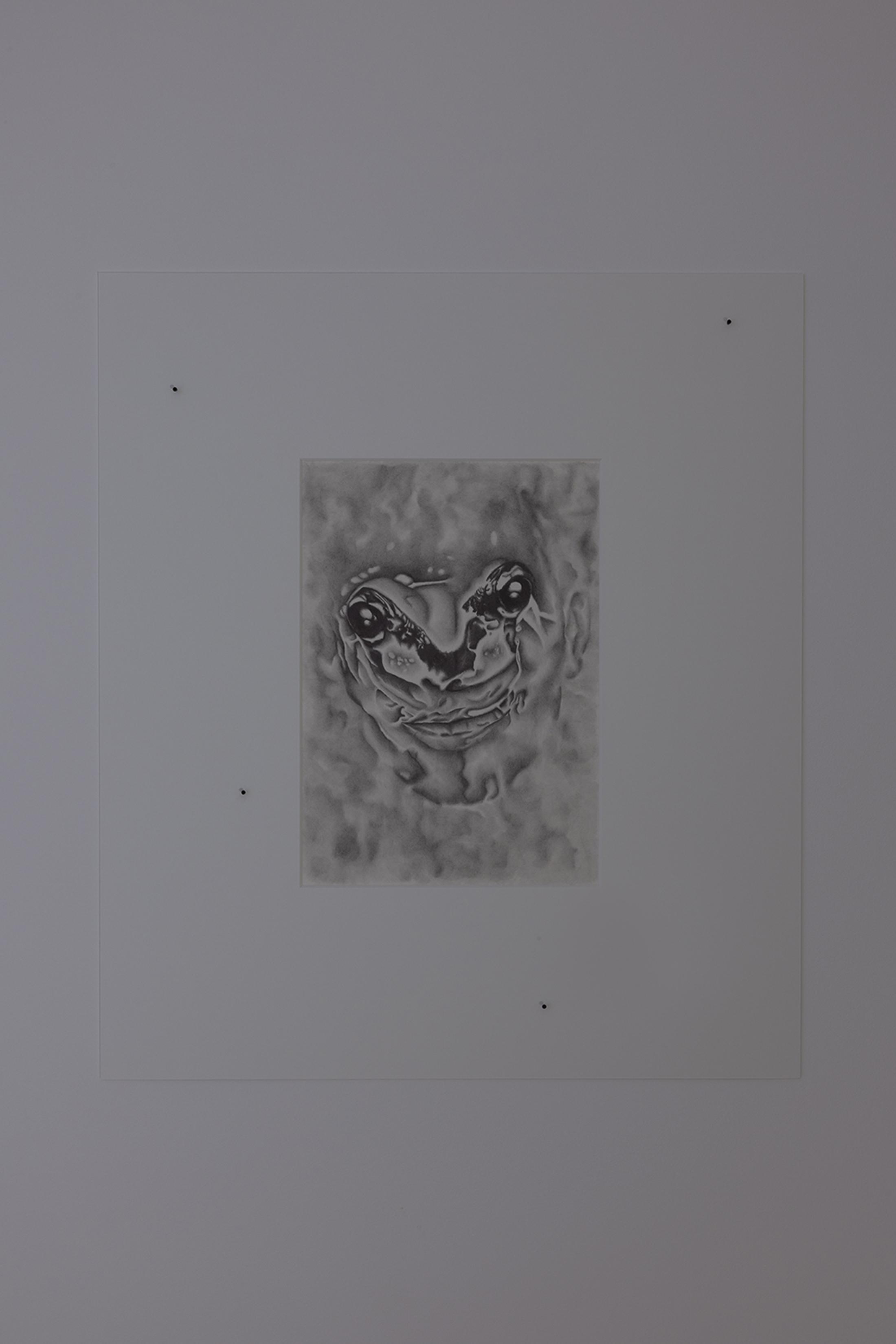 Exhibition View Group Show «Unbetrauerbar; view on Elin Gonzalez, Enter the Swarm (Matthias), 78.5 x 68.5 cm, 2022, pencil on paper» at For, Basel, 2022 / Photo: Gina Folly / Courtesy: the artist and For