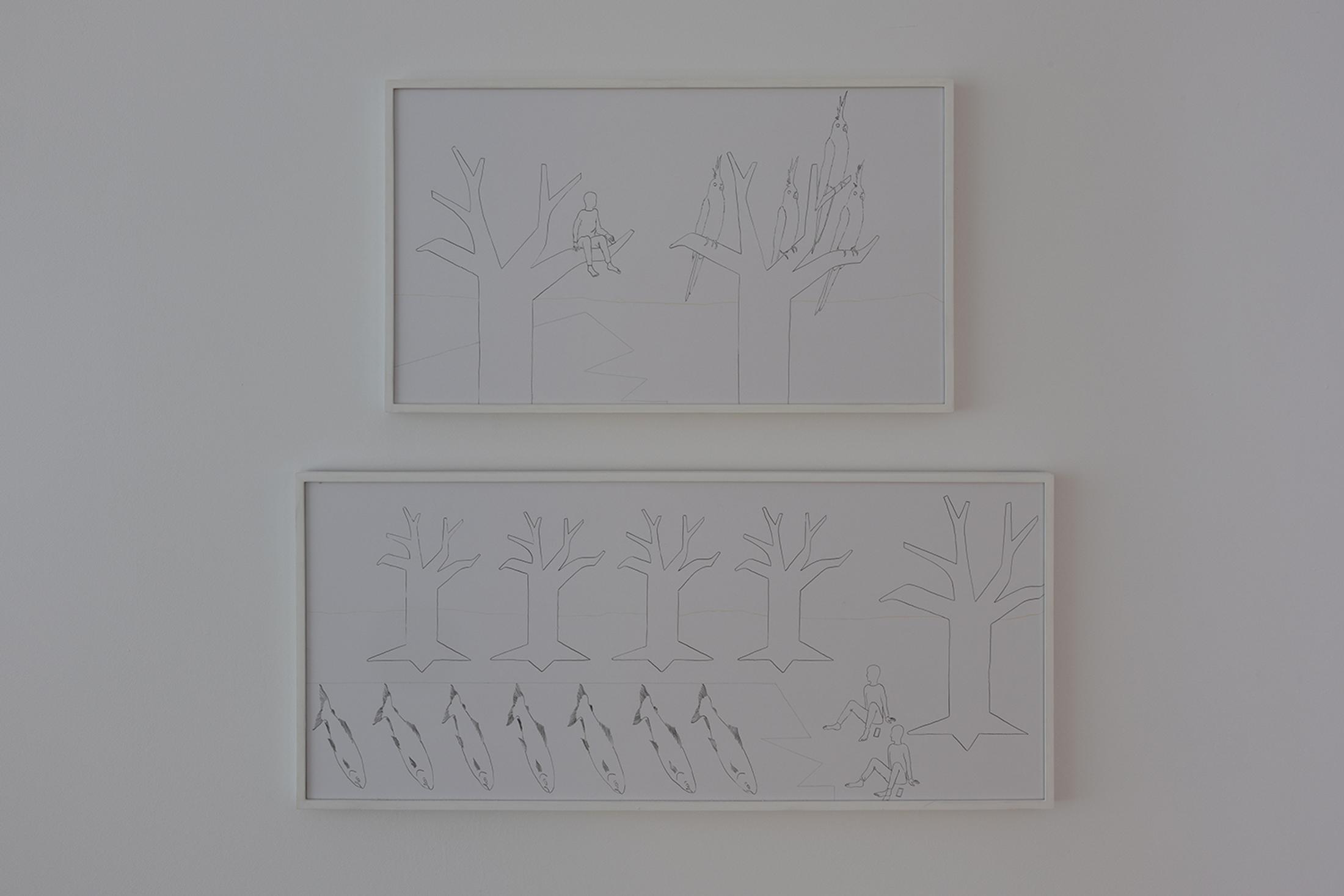 Exhibition View Group Show «Unbetrauerbar; view on Simon Wyss, Untitled (Vögel), 32 x 55cm and Untitled (Fische), 32 x72.5 cm, 2018, ink on paper» at For, Basel, 2022 / Photo: Gina Folly / Courtesy: the artist and For