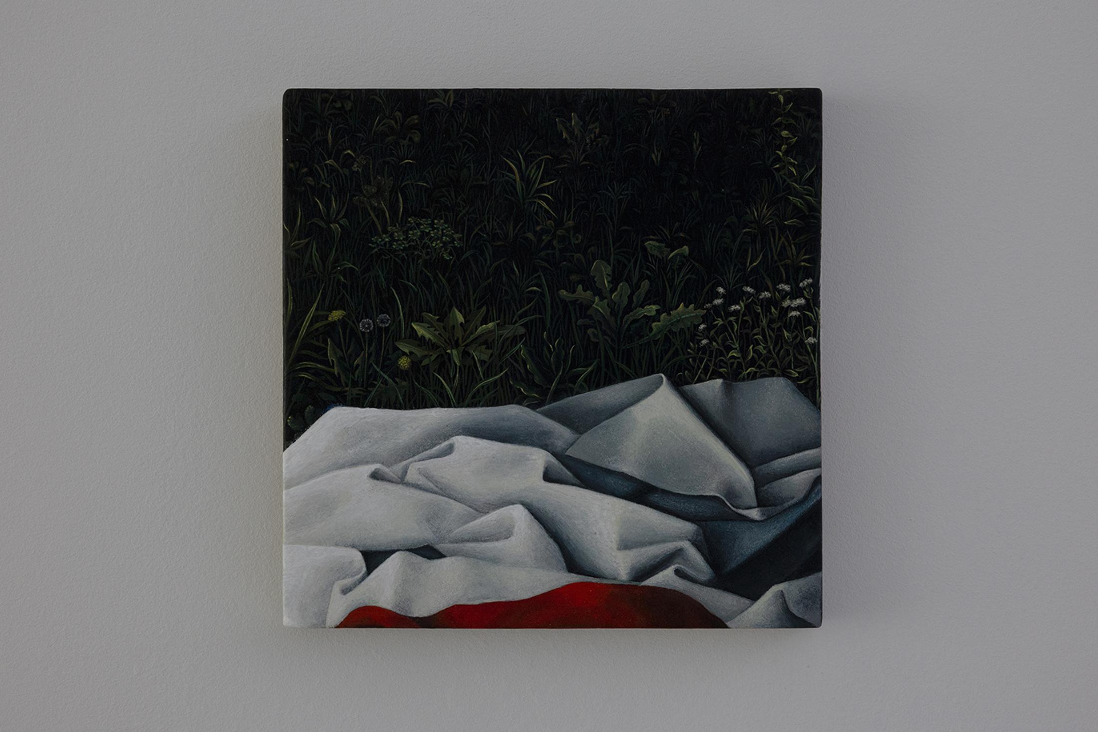 Exhibition View Group Show «Unbetrauerbar; view on Rita Siegfried, Weisses Tuch, 2008, 17 x 17 cm, tempera on wood» at For, Basel, 2022 / Photo: Gina Folly / Courtesy: the artist and For