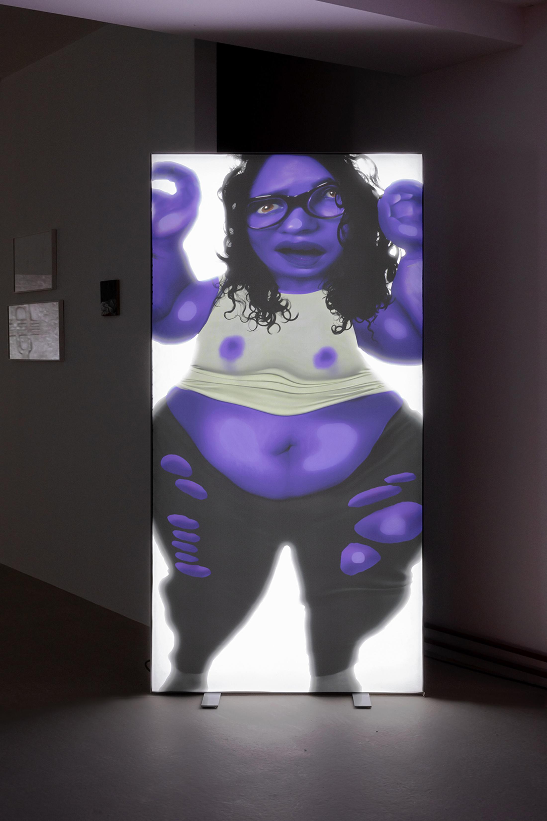 Exhibition View Group Show «Unbetrauerbar; view on Giulia Essyad, Crying, 2021, 200 x 99.5 cm, digital print on fabric, aluminum frame, LED, sound, 4‘40‘‘» at For, Basel, 2022 / Photo: Gina Folly / Courtesy: the artist and For