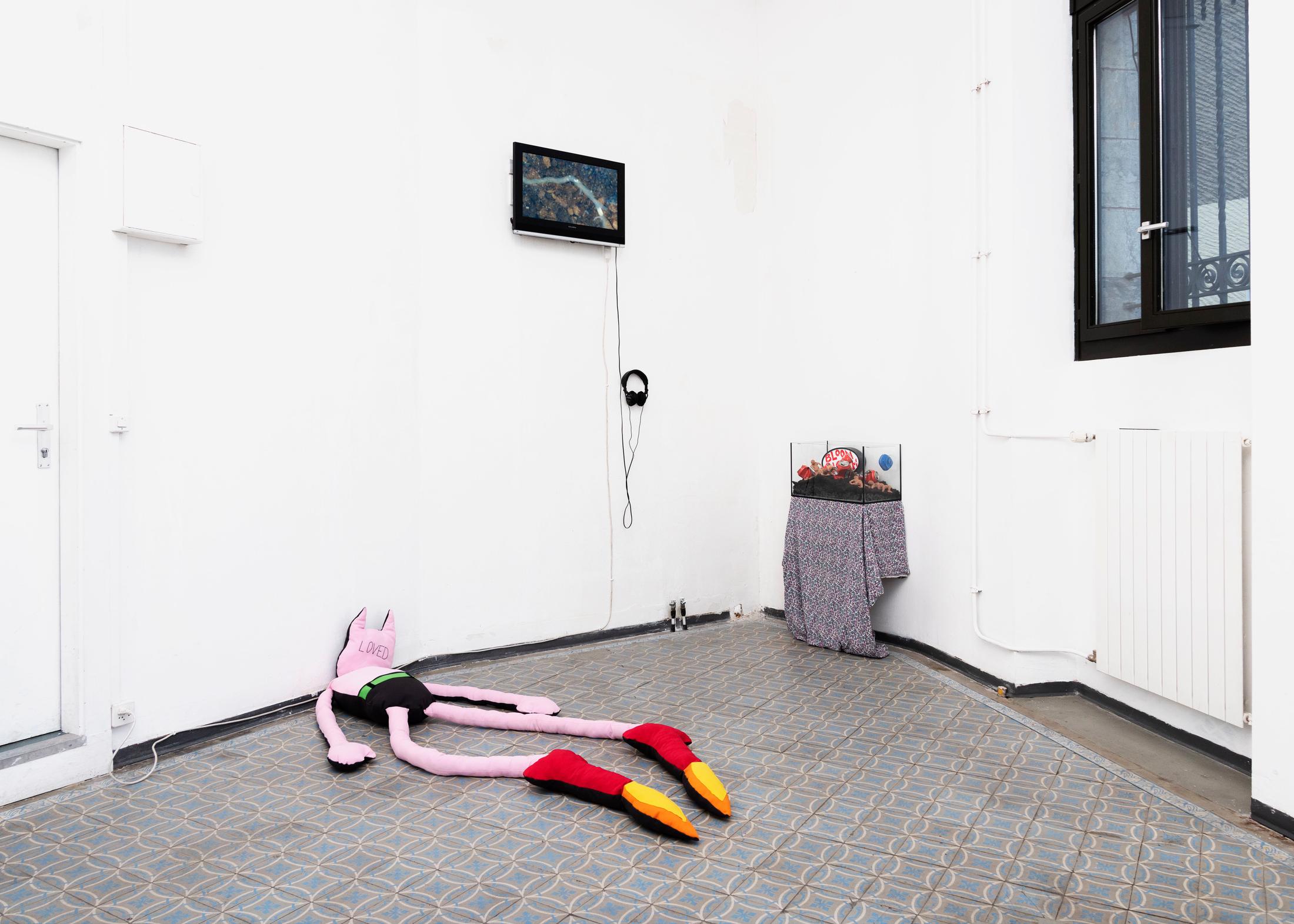 Exhibition View Groupshow «Une Histoire d'Amour; view on Thomas Liu Le Lann, Lucas Herzig and Andrea Marioni» at Sonnenstube, Lugano, 2020 / Photo: Théa Giglio / Courtesy: the artists, Sonnenstube and one gee in fog