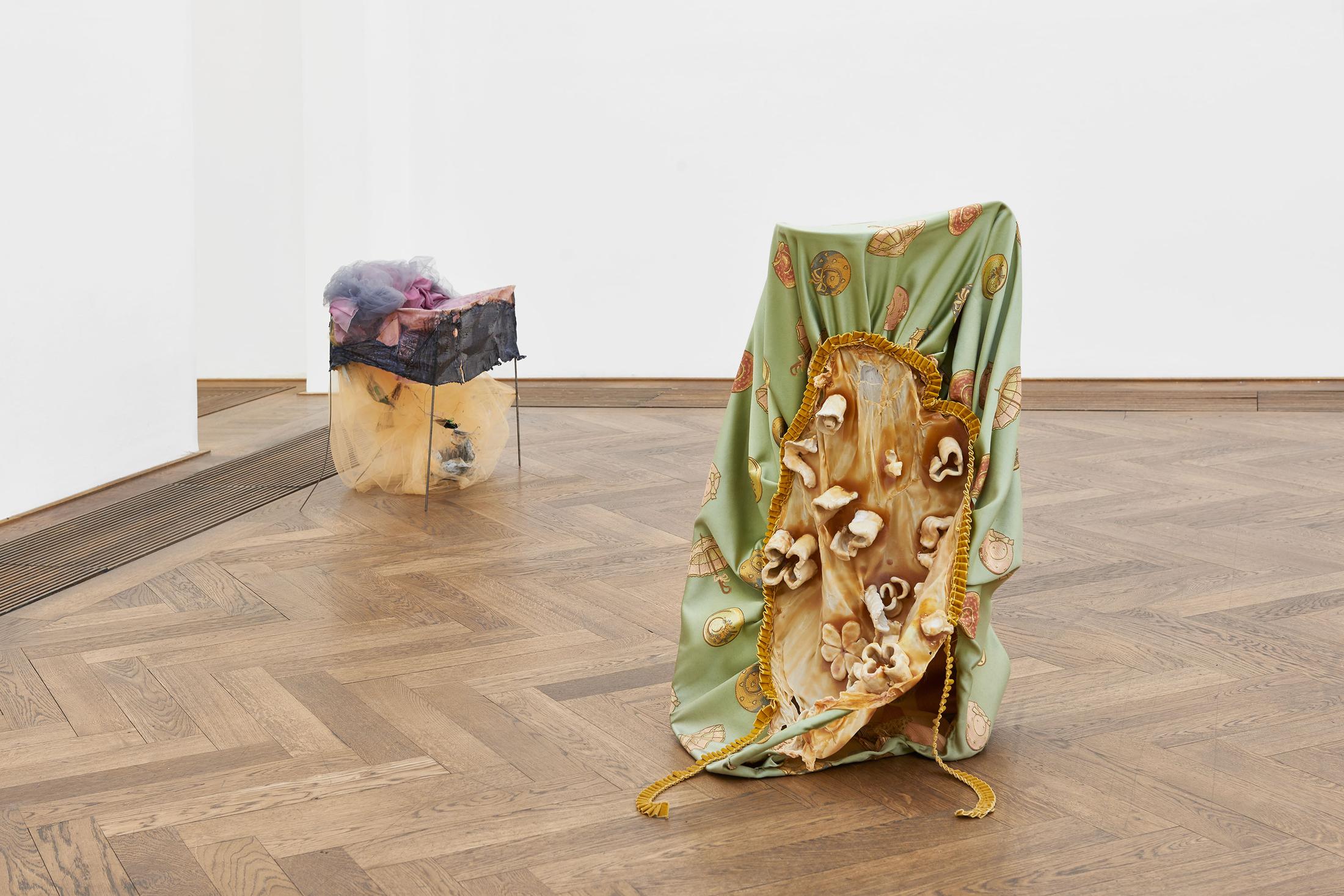 Installation view «Ungestalt», 2017. View on Olga Balema, Appetite, 2017 (front) and the gift of tears, 2017 (back) / © 2017 Kunsthalle Basel. Photo: Philipp Hänger/Kunsthalle Basel. Courtesy the artist; Croy Nielsen, Vienna; Hannah Hoffmann, Los Angeles