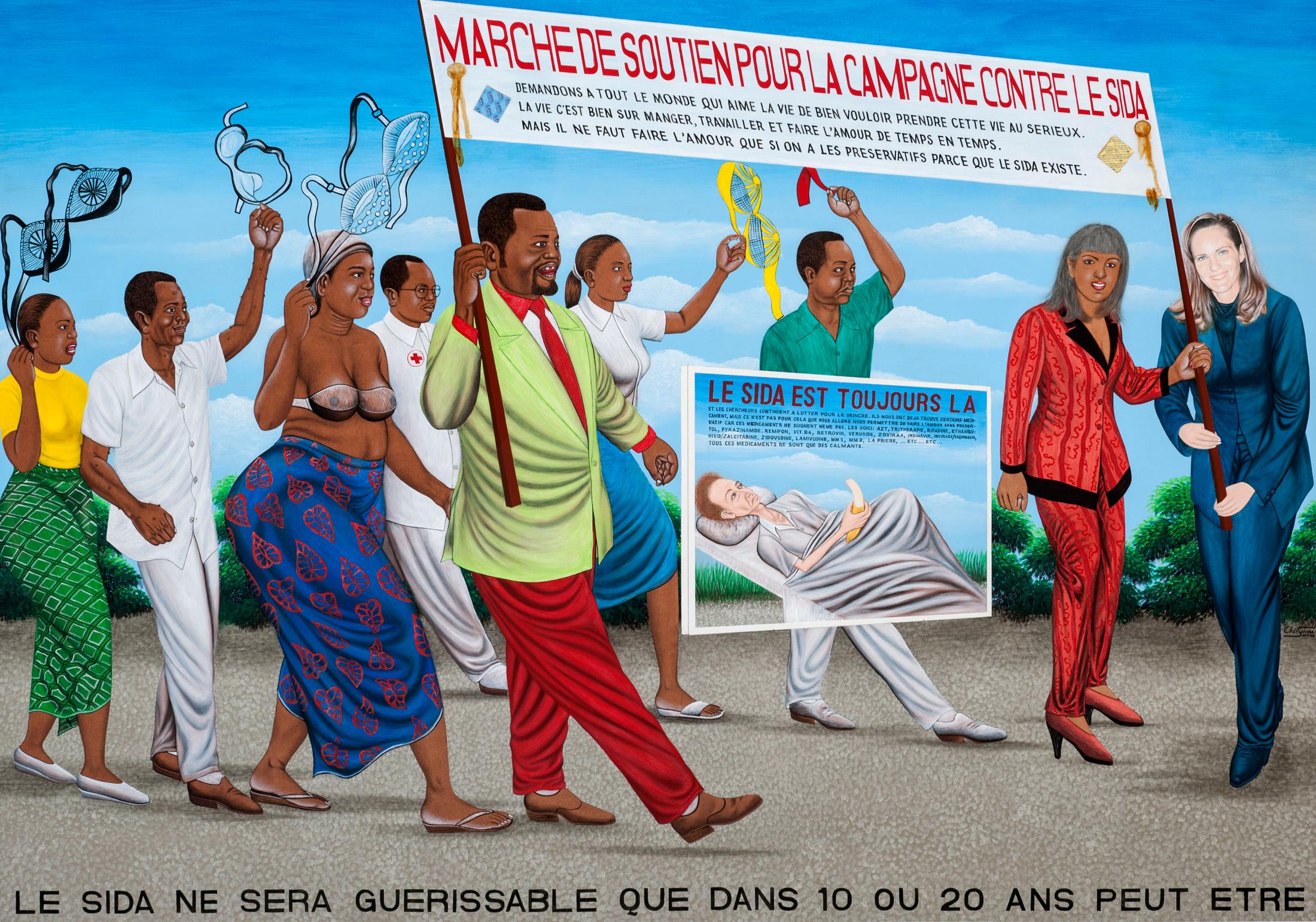 Exhibition View Groupshow «United by AIDS; view on Chéri Samba, La Marche de soutien contre le SIDA, 2006, Collection Lucien Bilinelli, Brussels / Milan» at Migros Museum, Zurich, 2019