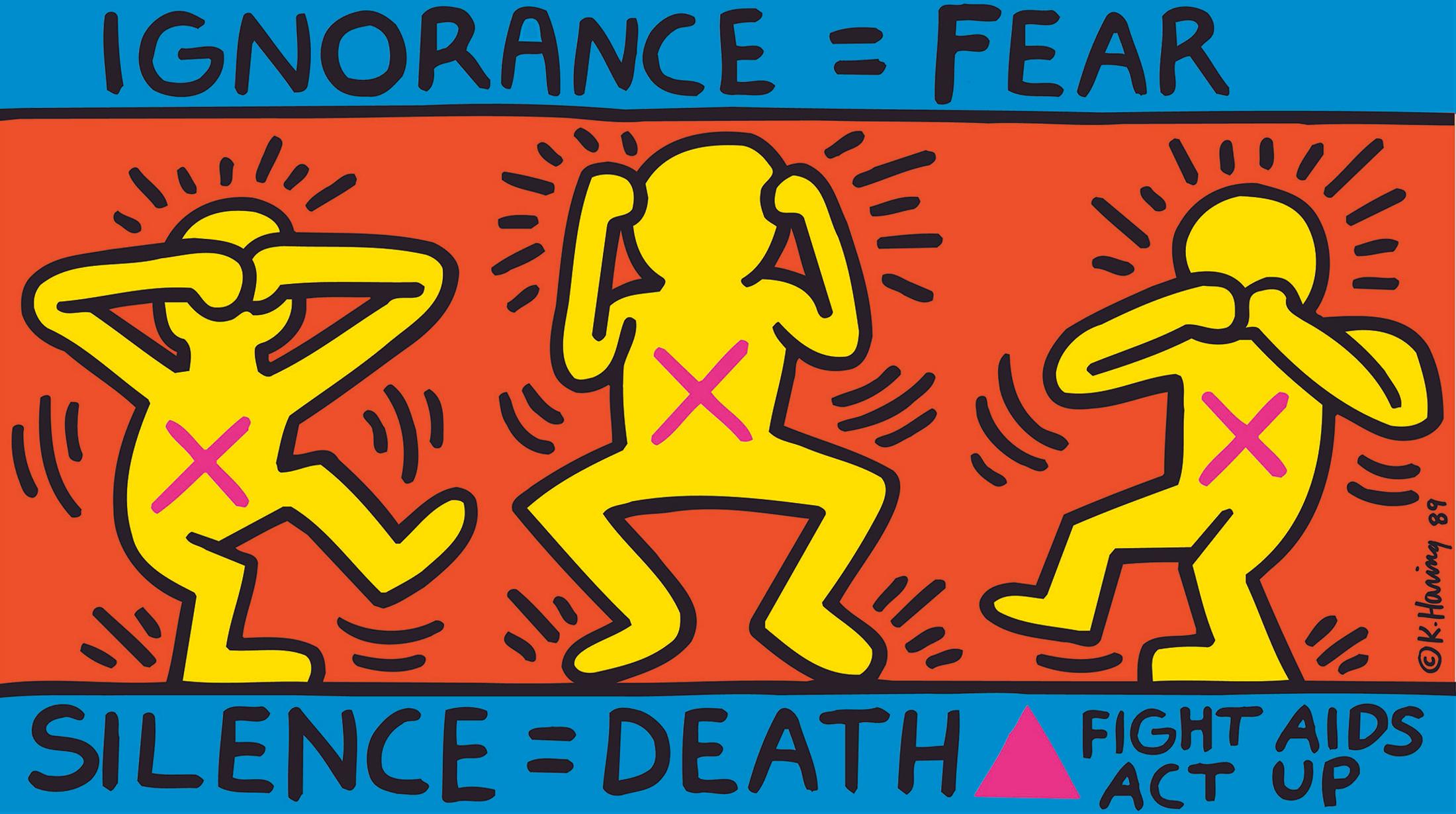 Exhibition View Groupshow «United by AIDS; view on Keith Haring, Ignorance = Fear, Silence = Death, 1989, Courtesy Keith Haring Foundation, © Keith Haring Foundation» at Migros Museum, Zurich, 2019