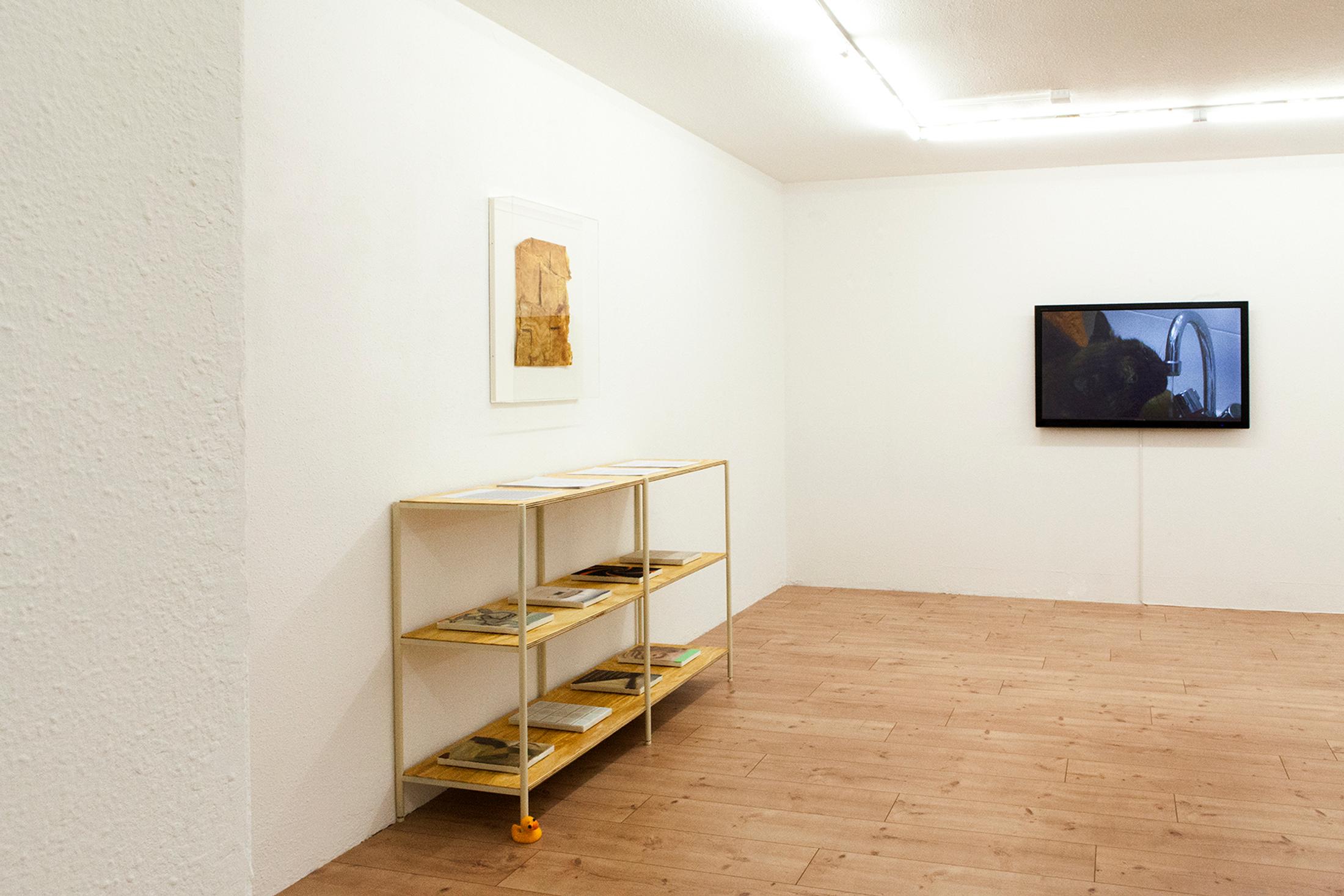 Exhibition View Groupshow «Unreal Estate; view on Kevin Aeschbacher, Reception Area + 8 untitled paintings, 2019/2020, Heidi Bucher, Parkett, 1979 and Jiajia Zhang, Untitled (Unreal Estate), 2019» at HAMLET, Oerlikon, Zurich, 2020 / Courtesy: the artist and HAMLET