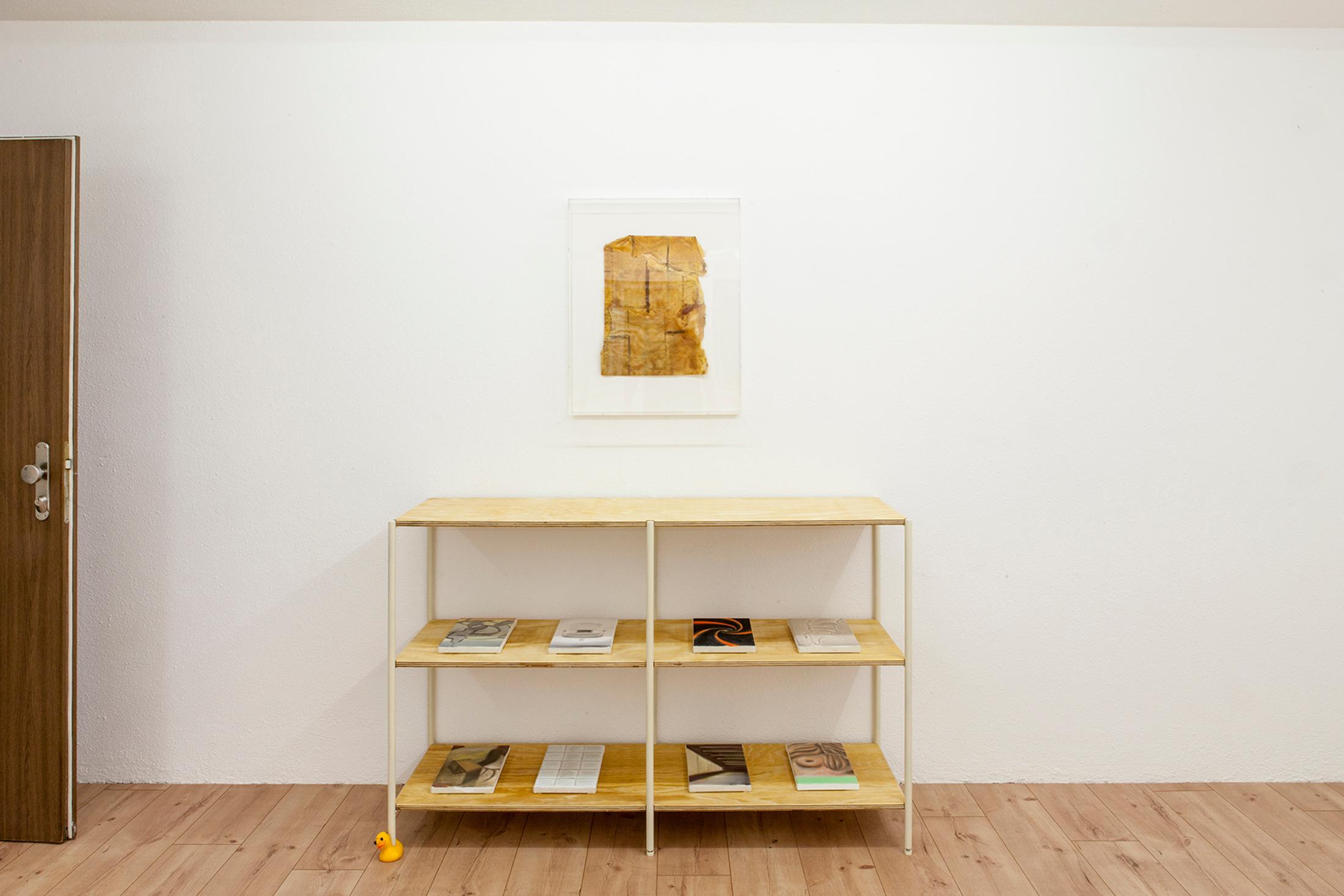 Exhibition View Groupshow «Unreal Estate; view on Kevin Aeschbacher, Reception Area + 8 untitled paintings, 2019/2020 and Heidi Bucher, Parkett, 1979» at HAMLET, Oerlikon, Zurich, 2020 / Courtesy: the artist and HAMLET