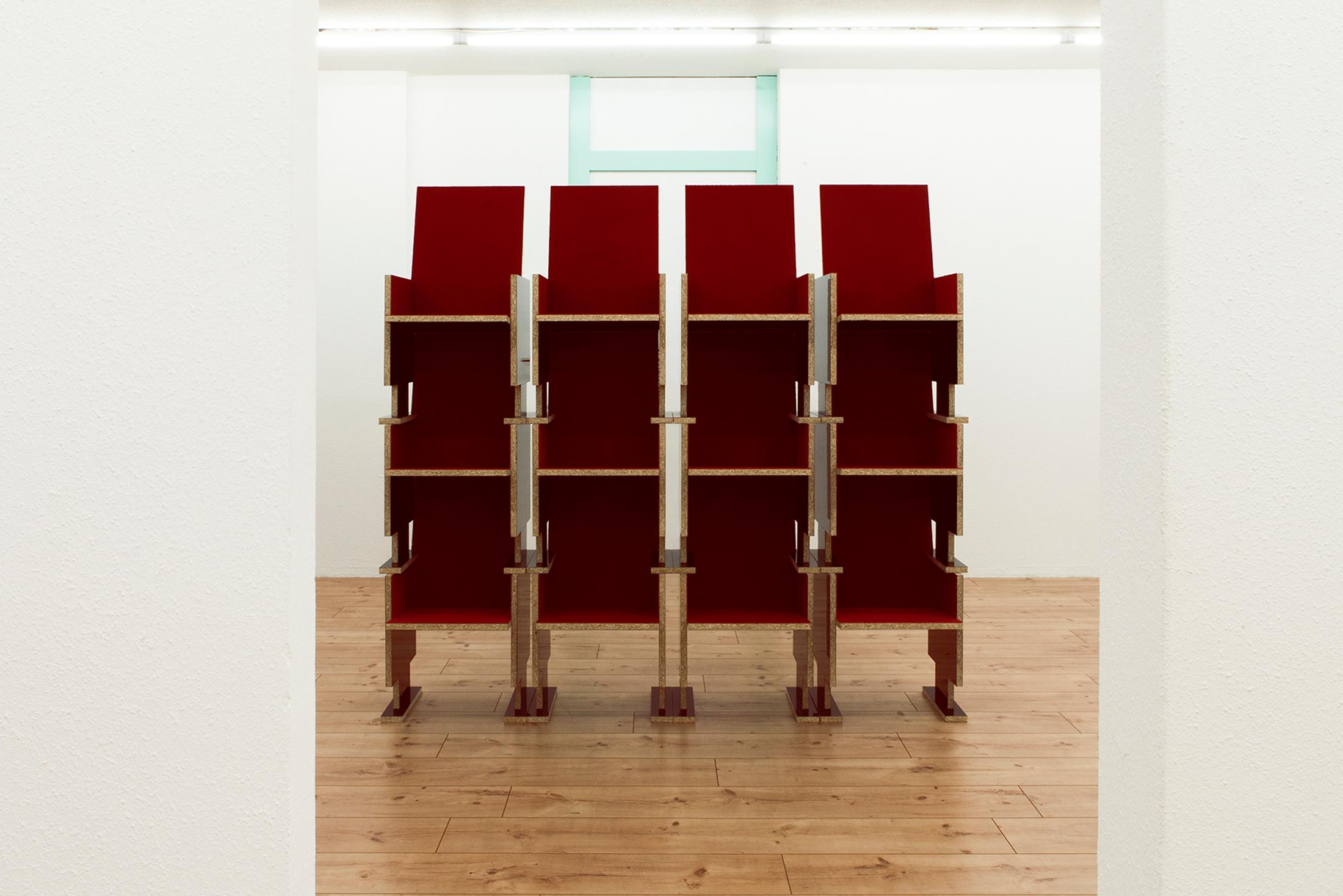 Exhibition View Groupshow «Unreal Estate; view on Matthias Liechti, 12 Cinema Chairs for 6-Year-Olds, 2019» at HAMLET, Oerlikon, Zurich, 2020 / Courtesy: the artist and HAMLET