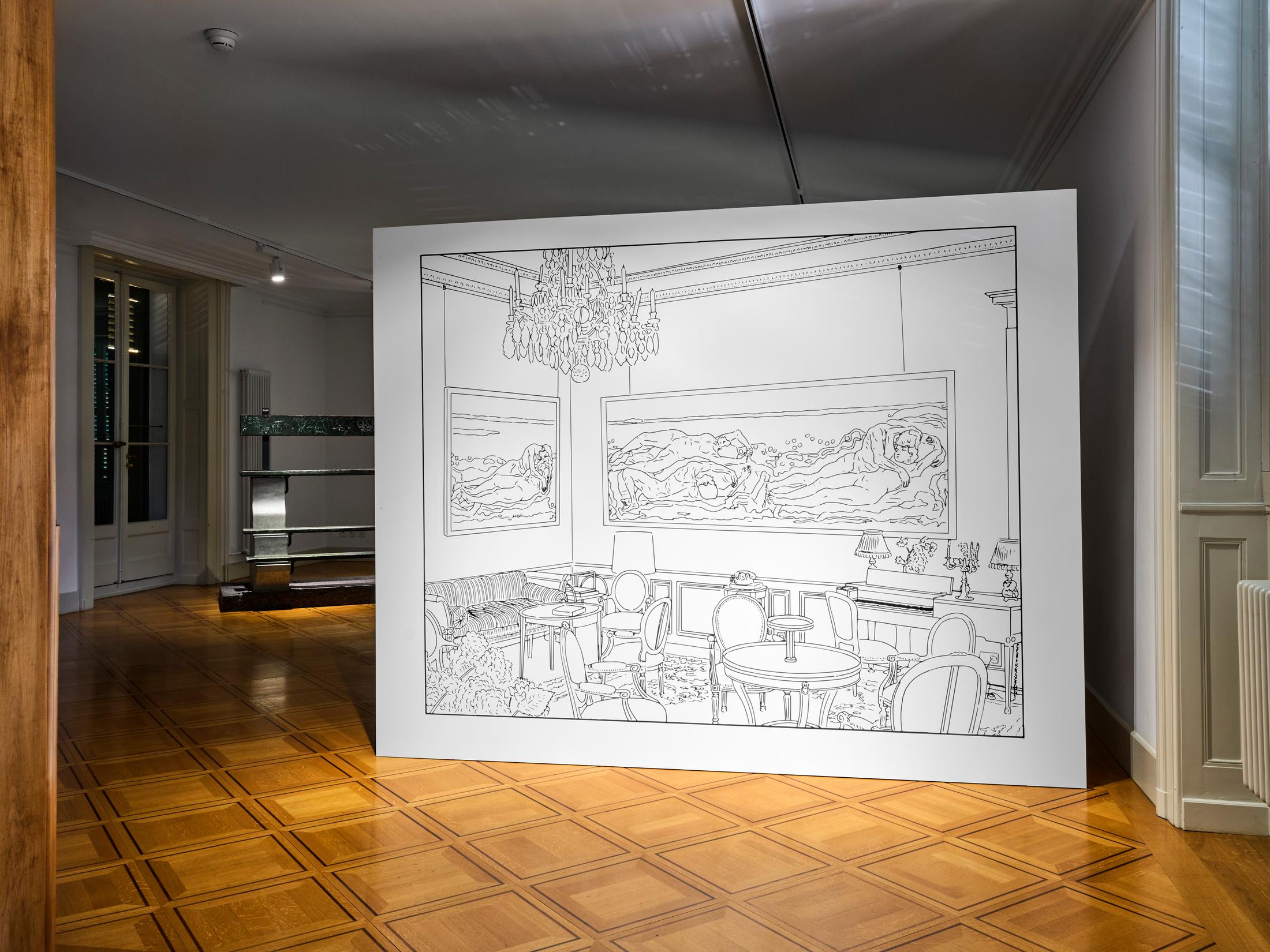 Exhibition View Group Show «Up the Stairs; view on Louise Lawler, Salon Hodler (Traced series), 1992 - 2013» at Centre Culturel du Manoir, Cologny, 2022 / Photo: Serge Fruehauf / Courtesy: the artists and Collection FCAC