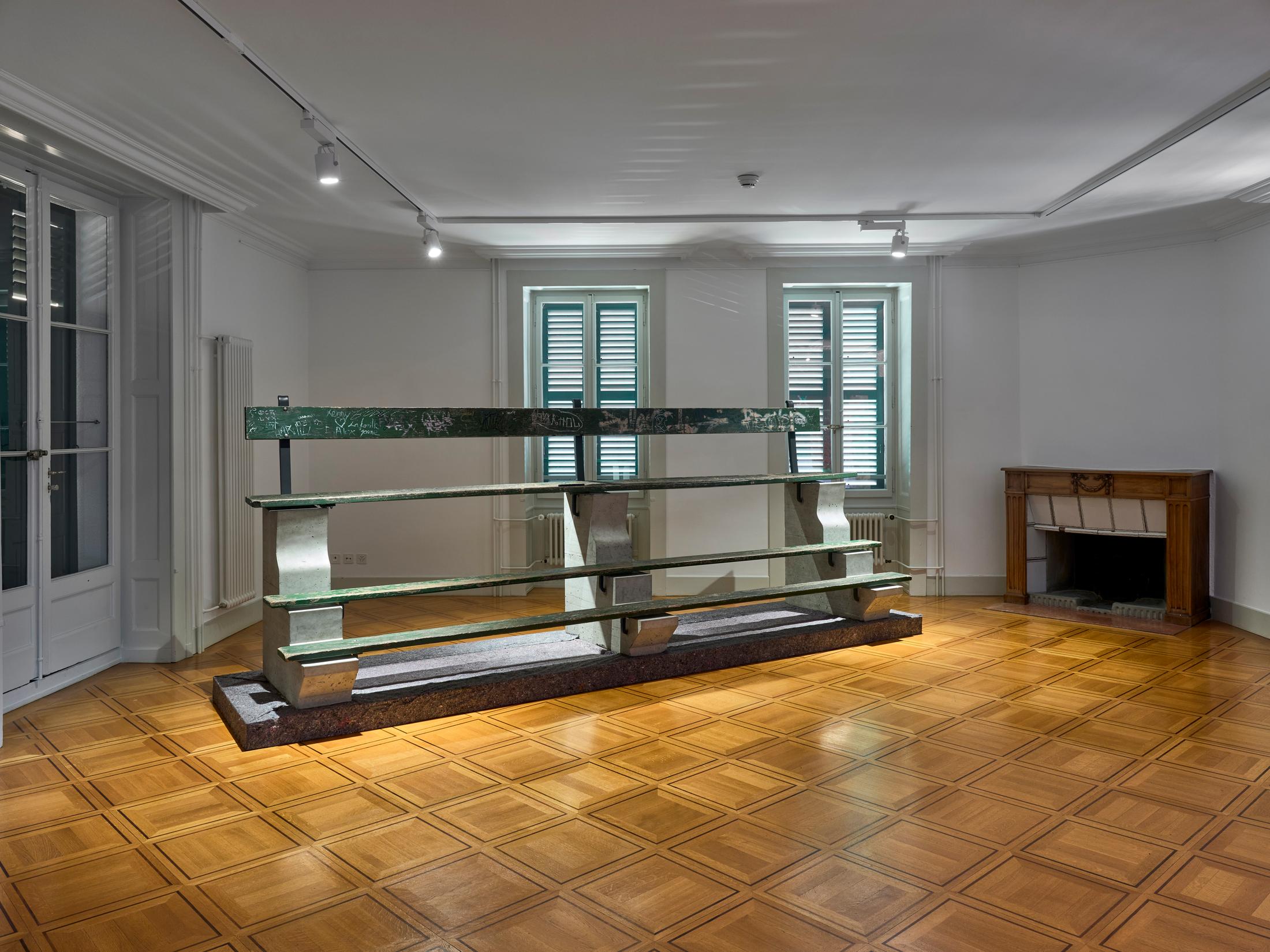 Exhibition View Group Show «Up the Stairs; view on Timothée Calame, Banc Thomas Münzer (OMNIA SUNT COMMUNIA), 2018» at Centre Culturel du Manoir, Cologny, 2022 / Photo: Serge Fruehauf / Courtesy: the artists and Collection FCAC