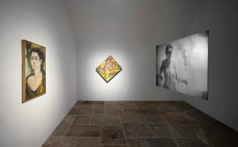 Exhibition View Groupshow «Up to and Including Limits: After Carolee Schneemann; view on Carolee Schneemann, Self-portrait, 1954-55, Pin Wheel, 1957 and Body Collage, 1967» at Muzeum Susch, Susch, 2019-2020 / Photo: Maja Wirkus / Courtesy: the artist and Muzeum Susch