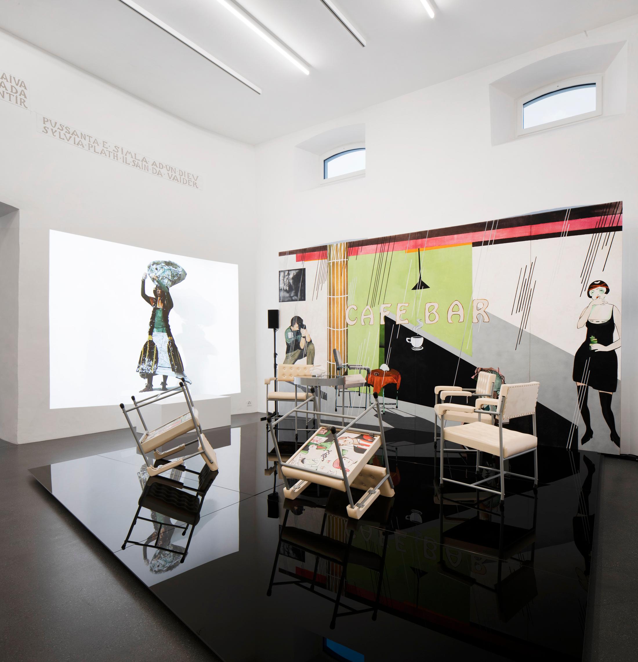 Exhibition View Groupshow «Up to and Including Limits: After Carolee Schneemann; view on Paulina Olowska, Cafe Bar, 2011–2018 and Morana, 2019» at Muzeum Susch, Susch, 2019-2020 / Photo: Maja Wirkus / Courtesy: the artist and Muzeum Susch