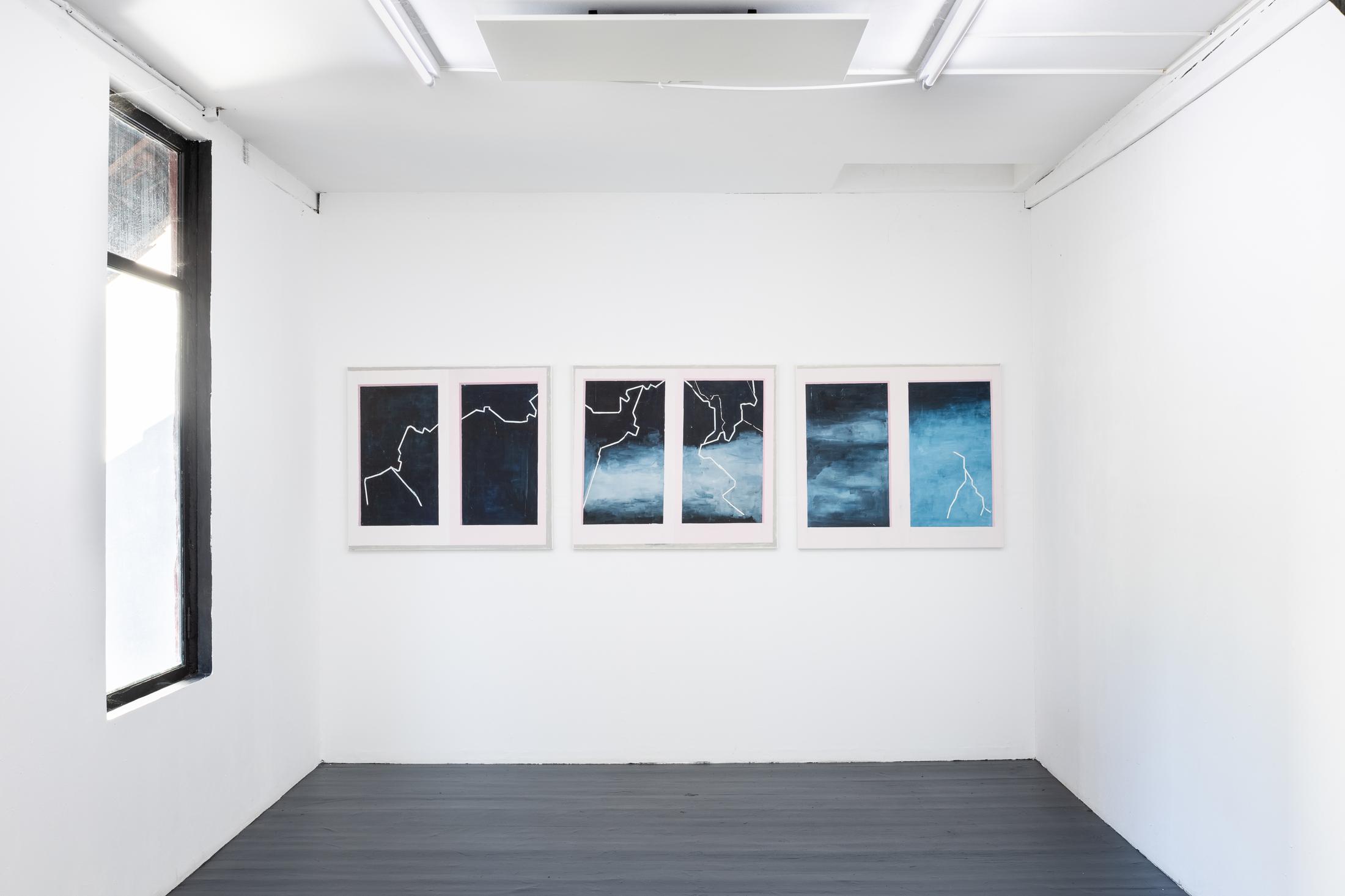 Exhibition View Duo Show «Valentin Hauri and Rhea Myers; view on Valentin Hauri, Thunderstorm at Jennie Richee 1-3, 2022, Oil on Canvas, 90 x 100 cm (each)» at Last Tango, Zurich, 2022 / Photo: Kilian Bannwart / Courtesy: the artist and Last Tango