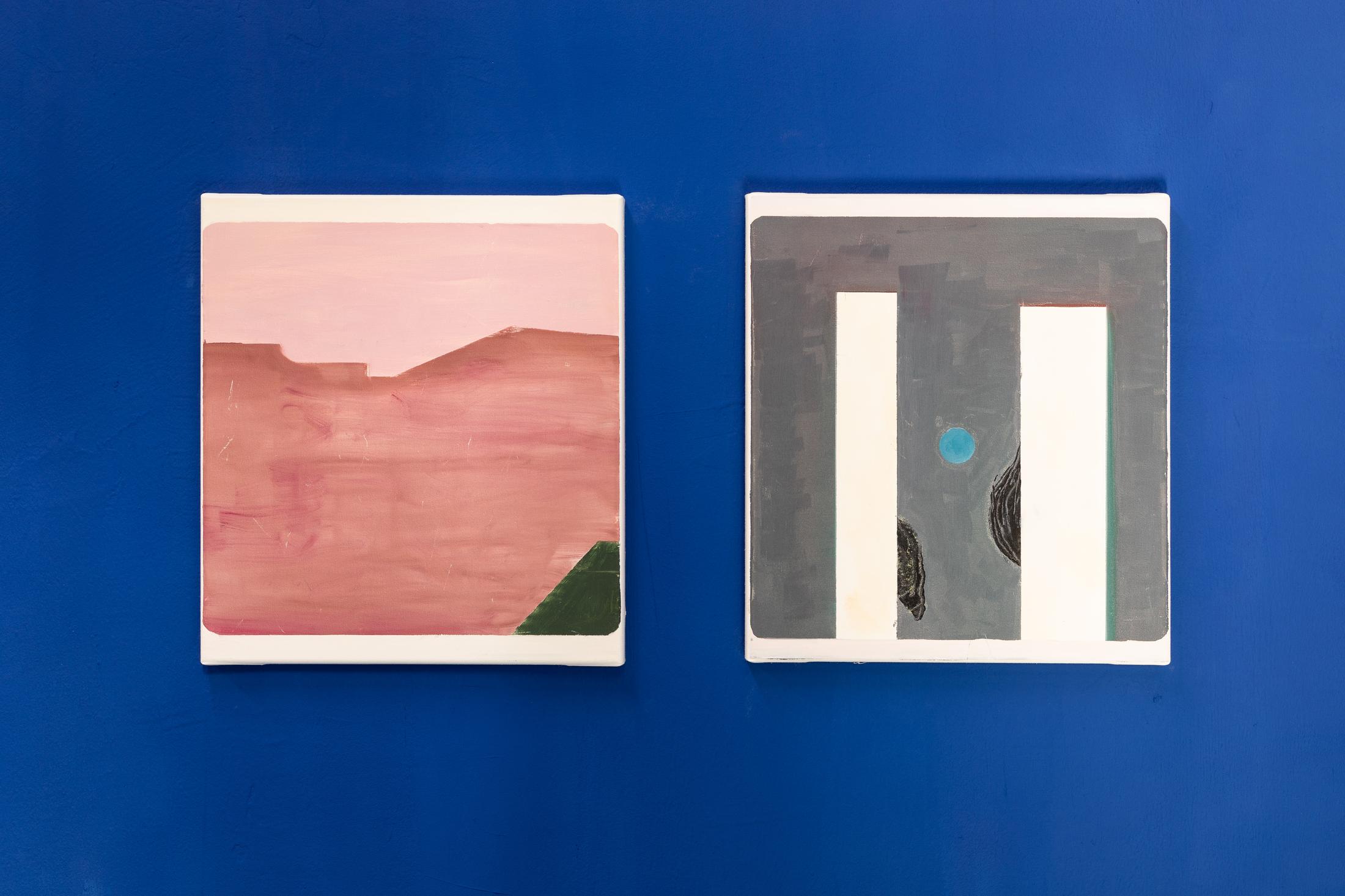 Exhibition View Duo Show «Valentin Hauri and Rhea Myers; view on Valentin Hauri, Sitting Under a Willow Tree and At Cave Opening (Sandcastles), 2022, Oil on Canvas, 50 x 45 cm (each)» at Last Tango, Zurich, 2022 / Photo: Kilian Bannwart / Courtesy: the artist and Last Tango