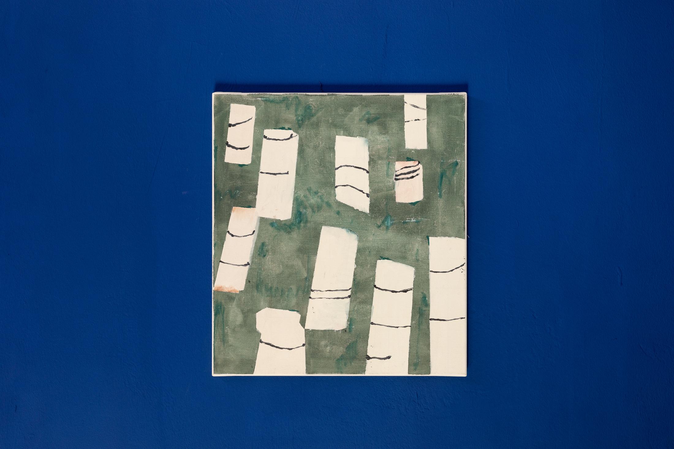 Exhibition View Duo Show «Valentin Hauri and Rhea Myers; view on Valentin Hauri, Pillars of Wood, 2022, Oil on Canvas, 50 x 45 cm» at Last Tango, Zurich, 2022 / Photo: Kilian Bannwart / Courtesy: the artist and Last Tango