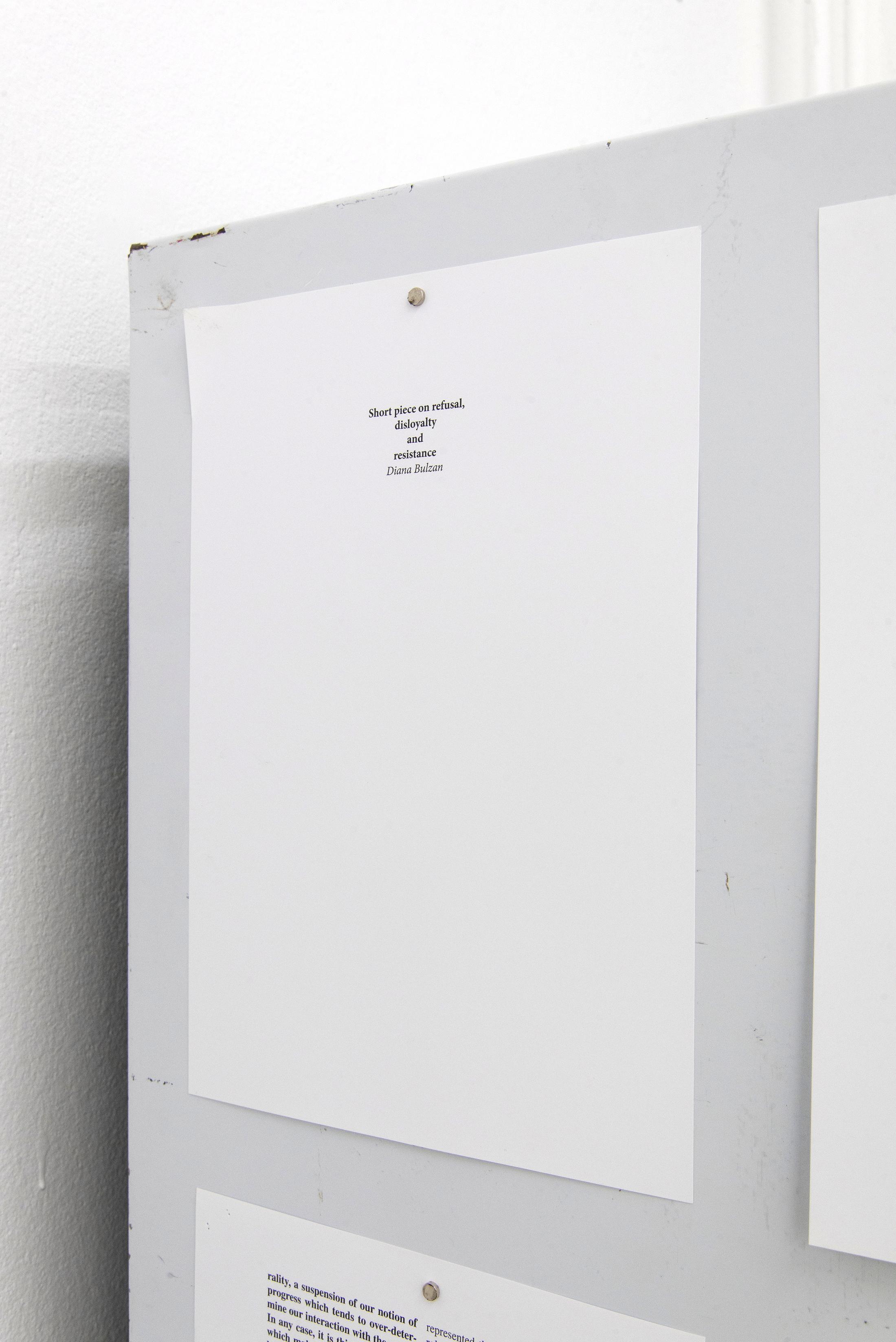 Exhibition View Valentina Triet Soloshow «Quader, Bricks, Loyalty, Heavenly Noblesse...; view on Short piece on refusal, disloyalty and resistance, 2019 (work produced in collaboration with Diana Bulzan)» at Milieu, Bern, 2019 / Photo: Andreas Lumineau / Courtesy: the artist and Milieu, Bern