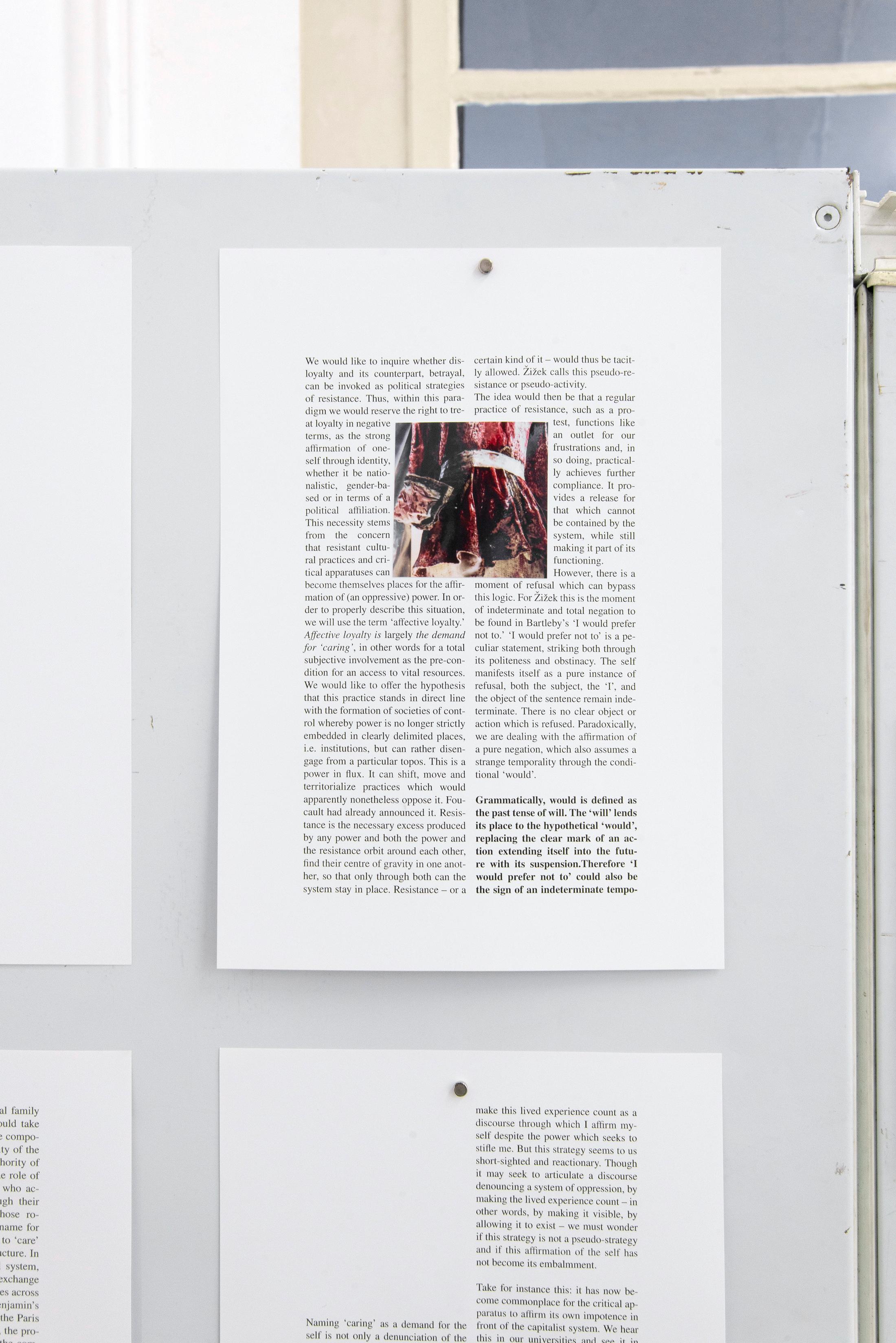 Exhibition View Valentina Triet Soloshow «Quader, Bricks, Loyalty, Heavenly Noblesse...; view on Short piece on refusal, disloyalty and resistance, 2019 (work produced in collaboration with Diana Bulzan)» at Milieu, Bern, 2019 / Photo: Andreas Lumineau / Courtesy: the artist and Milieu, Bern