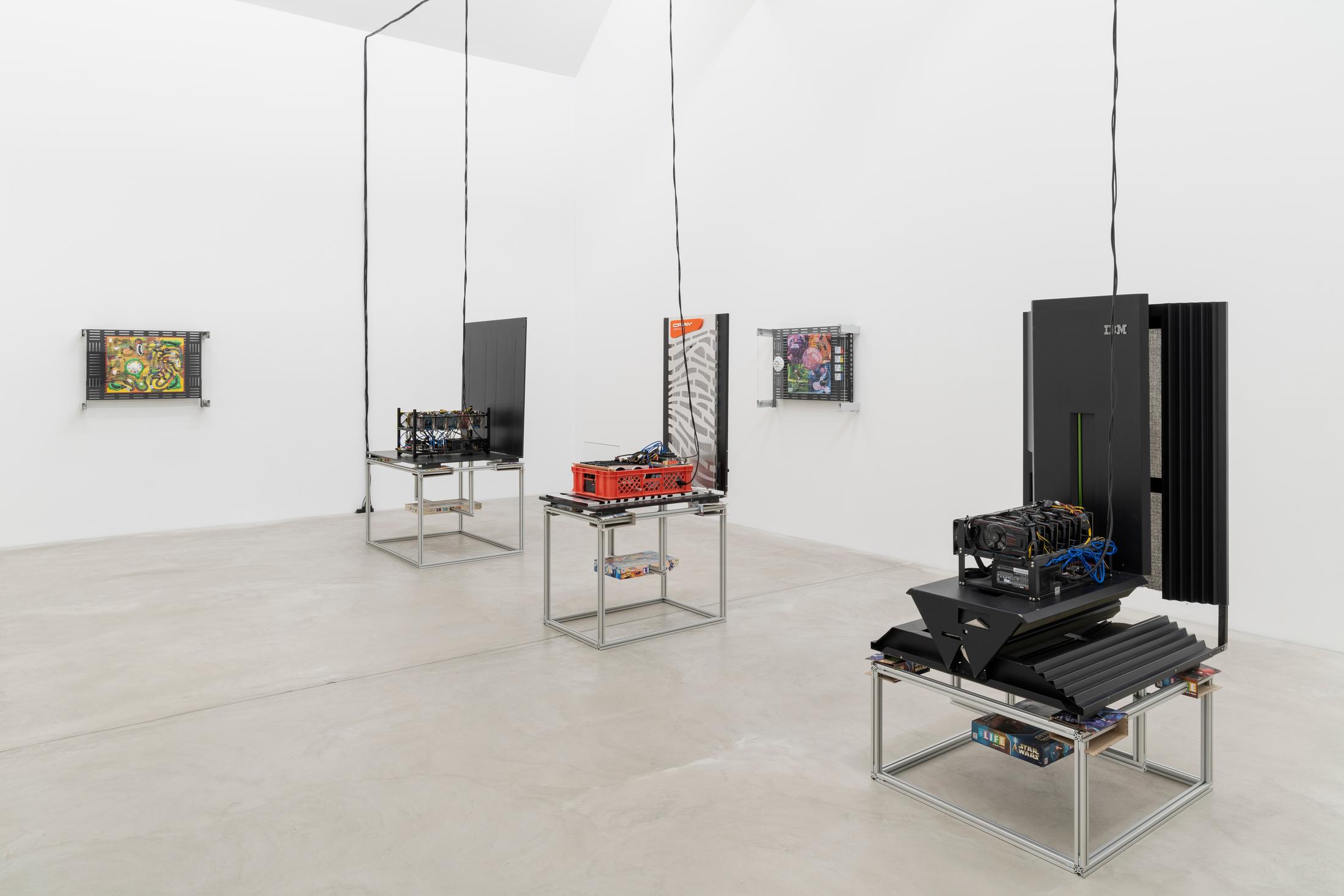 Exhibition View Group Show «Welt aus den Fugen; view on Simon Denny, Games of Decantralized Life, 2018» at Kunstmuseum Winterthur, Winterthur, 2022 / Photo: Gunnar Meier / Courtesy: the artists and Kunstmuseum Winterthur