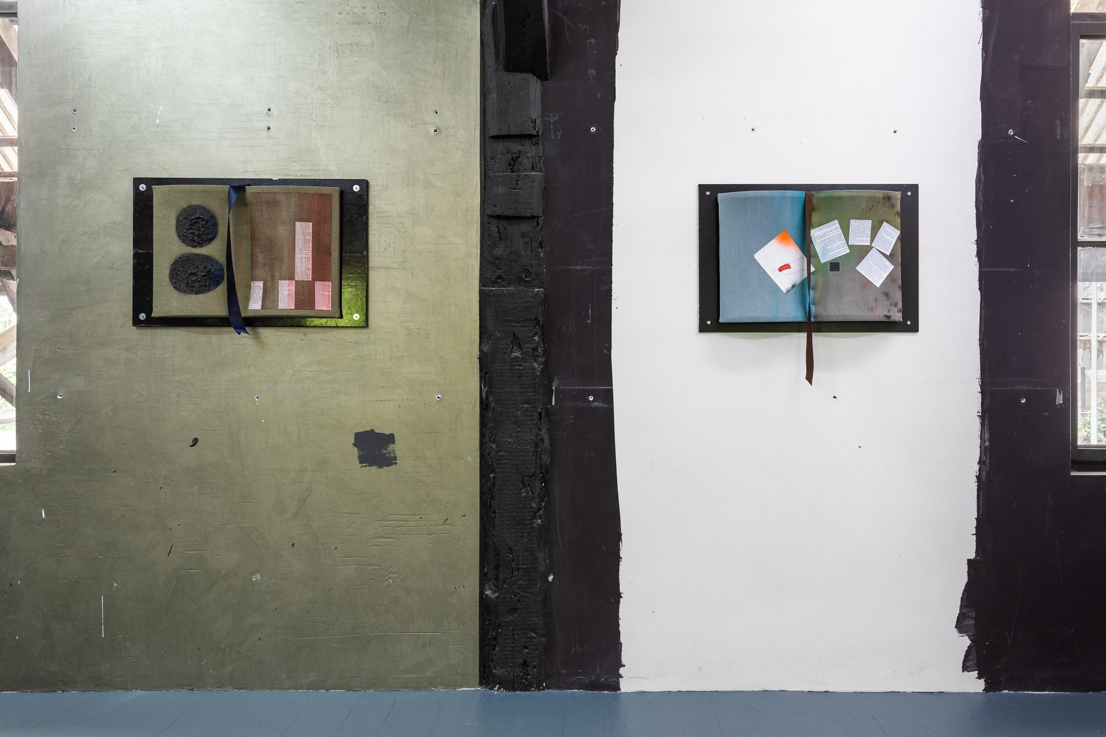 Exhibition View Groupshow «Whispering Walls; view on Caterina De Nicola, Erotic Injury, 2020, wooden frame, chipboard wood, screws, bricolage varnish, Vitra fabric, starch glue, acrylic paint, fabric medium, printed paper, 46x72x9cm and Caterina De Nicola, Degrought Depletion, 2020, wooden frame, chipboard laminated wood, screws, nails, Kvadrat fabric, starch glue, paint, fabric medium, printed paper, ribbon, 46x72x9cm» at Last Tango, Zurich, 2020 / Photo: Kilian Bannwart / Courtesy: the artists and Last Tango