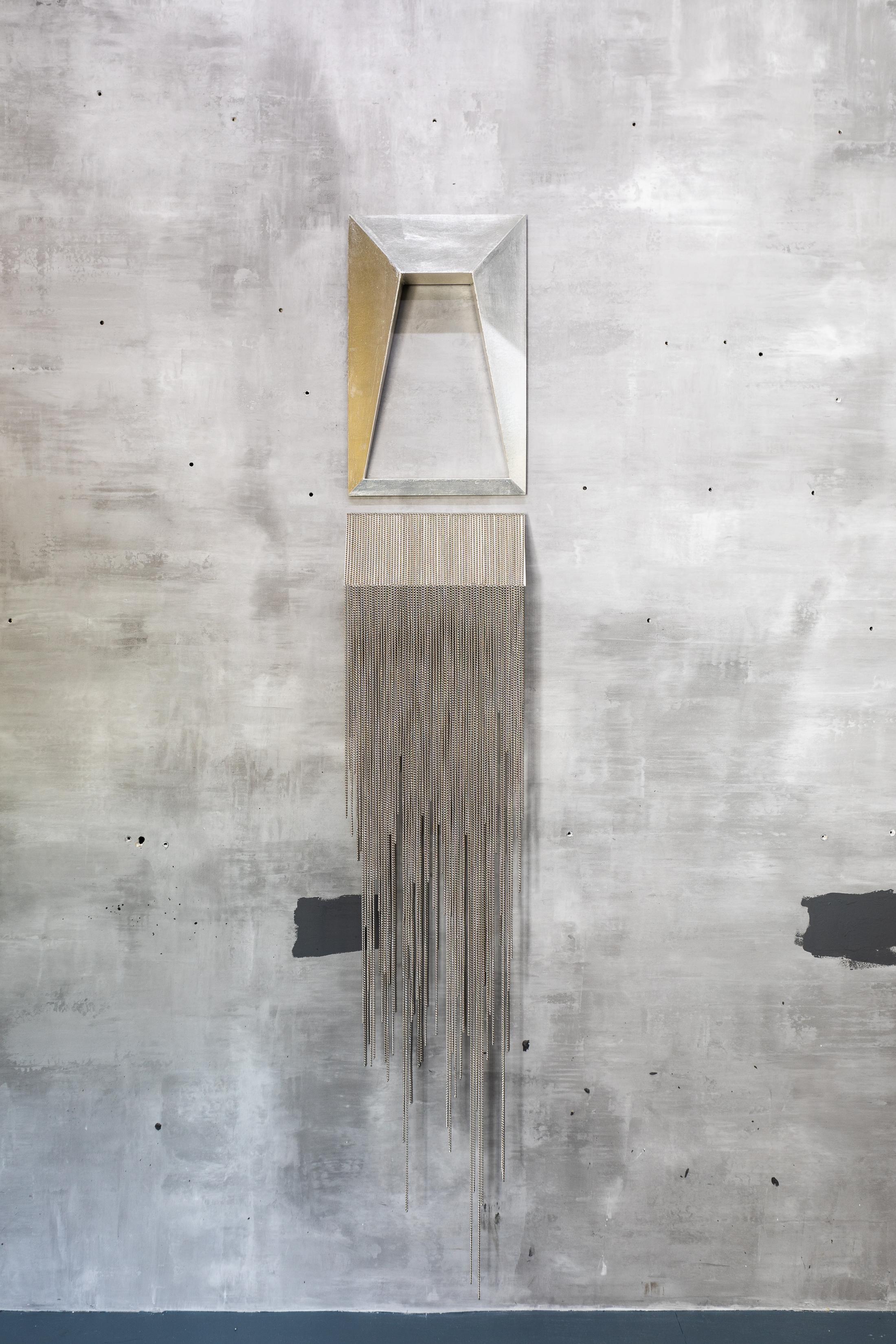 Exhibition View Groupshow «Whispering Walls; view on Brigit Naef, Ghost, 2019, cardboard, metal chains, silver plating, laquer, 200 x 33.5x9.5cm» at Last Tango, Zurich, 2020 / Photo: Kilian Bannwart / Courtesy: the artists and Last Tango