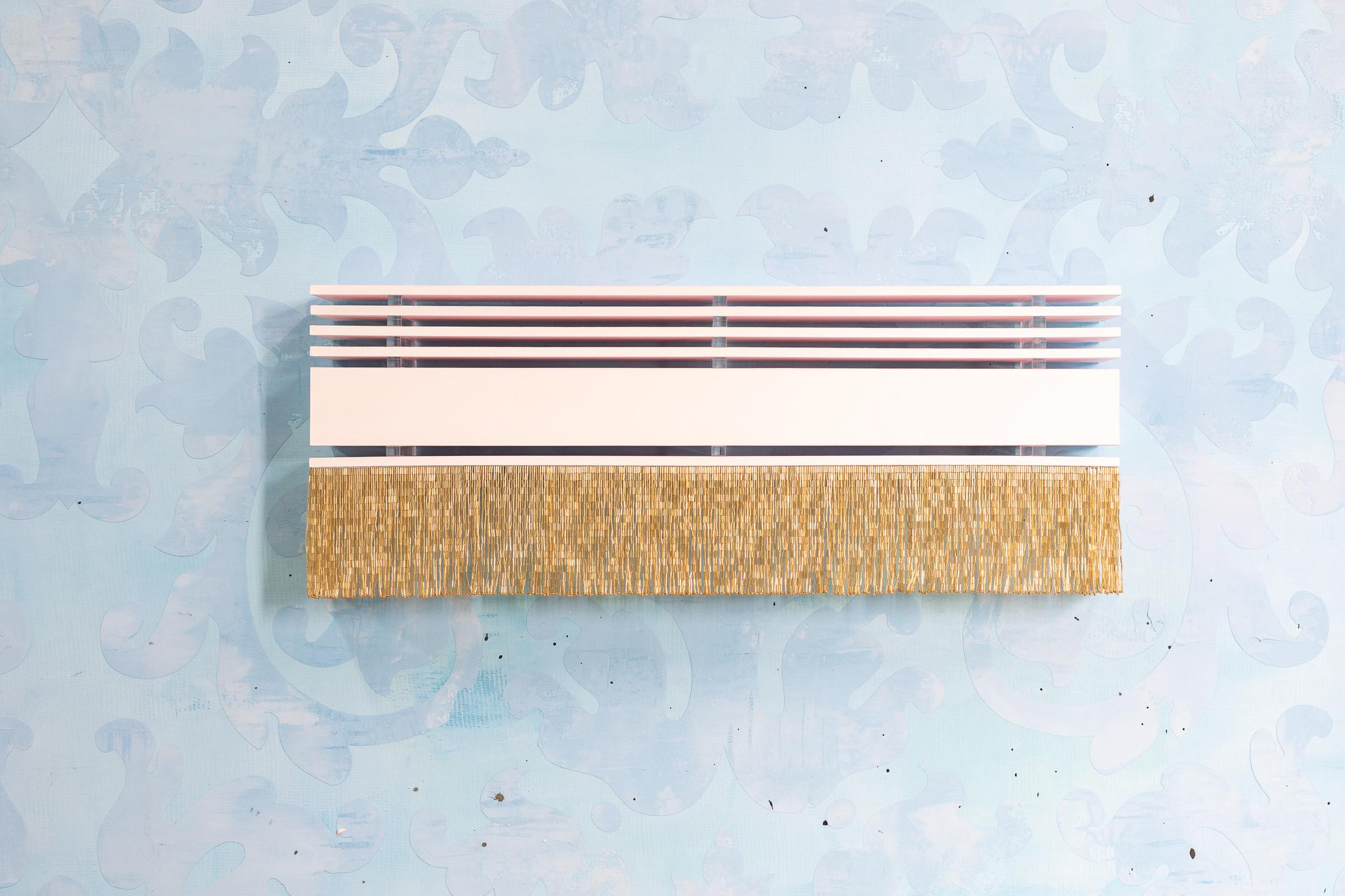 Exhibition View Groupshow «Whispering Walls; view on Brigit Naef, Mille feuilles, 2017, cardboard, acrylic paint, glassbeads, acrylic glass, 27x70x8cm» at Last Tango, Zurich, 2020 / Photo: Kilian Bannwart / Courtesy: the artists and Last Tango