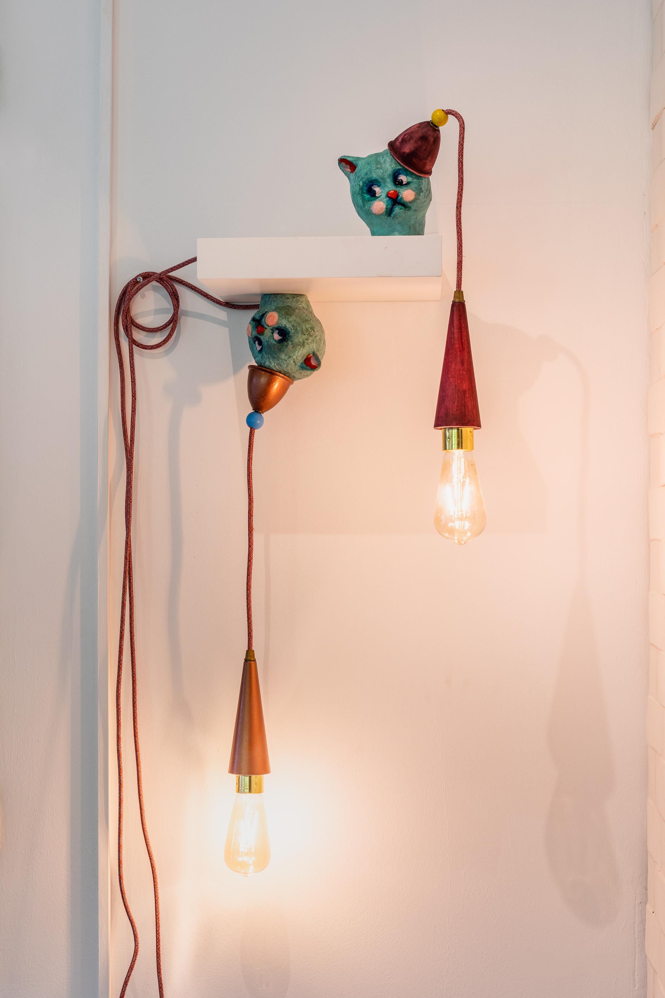 Exhibition View Groupshow «Whispering Walls; view on Tanja Roscic, Cat Lamps, 2019-2020, bronze, wood, oil, each 53x18x20cm» at Last Tango, Zurich, 2020 / Photo: Kilian Bannwart / Courtesy: the artists and Last Tango