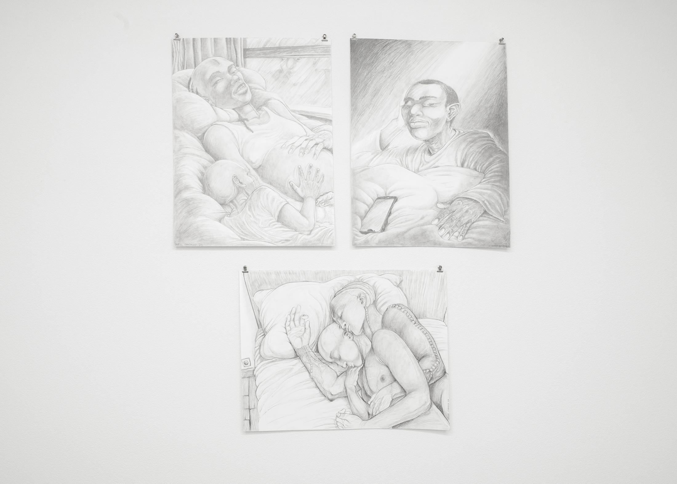 Exhibition View Group Show «Why do we say a house burns down, when the fire is burning up?; view on Nygel Panasco, Trois images de ma vie (Maman sacrée, Attente illusion, Repos bref), 2022» at All Stars, Lausanne, 2022 / Photo: Simon Rimaz / Courtesy: the artist and All Stars