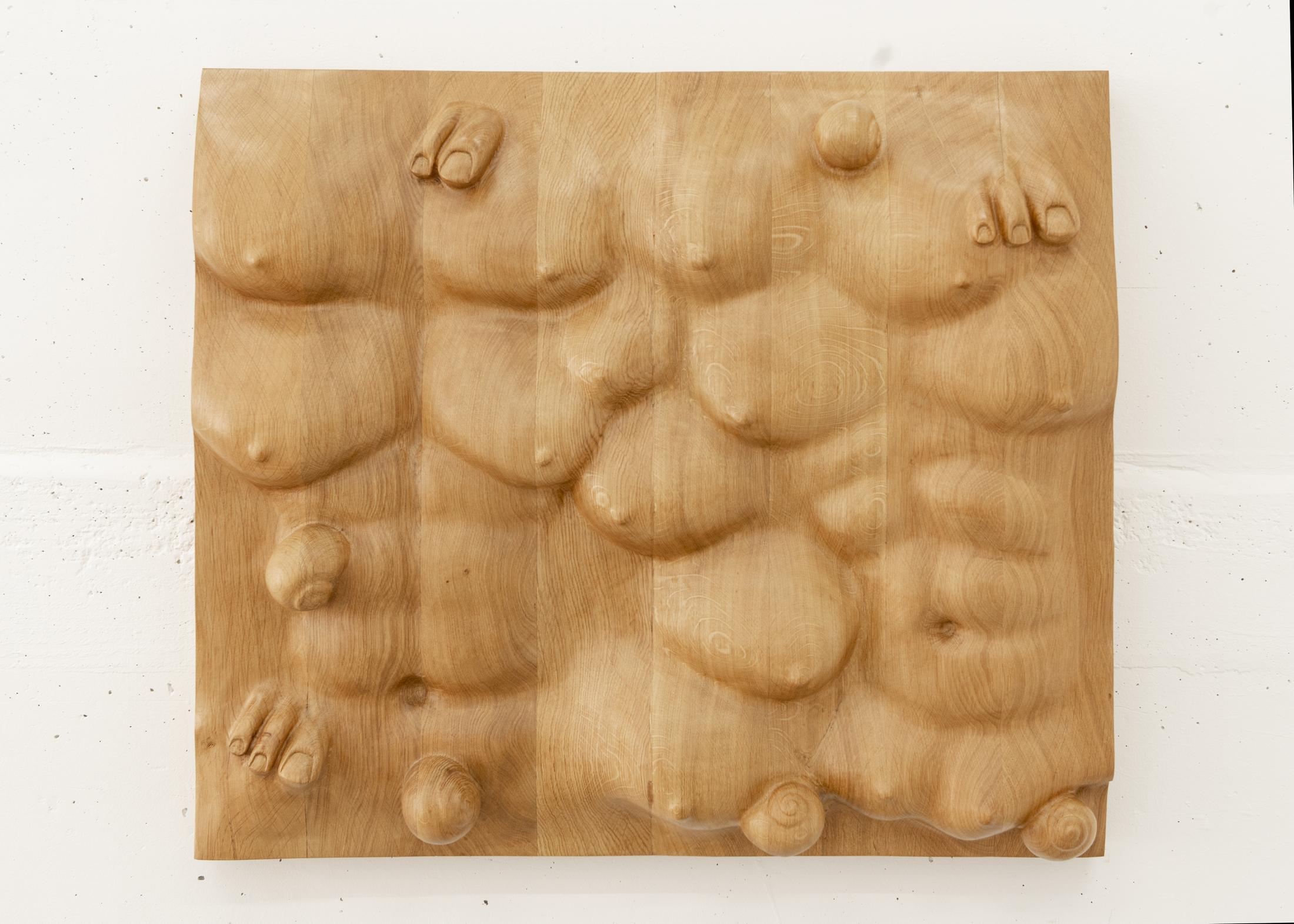 Exhibition View Group Show «Why do we say a house burns down, when the fire is burning up?; view on Daniel Dewar and Gregory Gicquel, Oak relief with body fragments and snails, 2019» at All Stars, Lausanne, 2022 / Photo: Simon Rimaz / Courtesy: the artists and All Stars