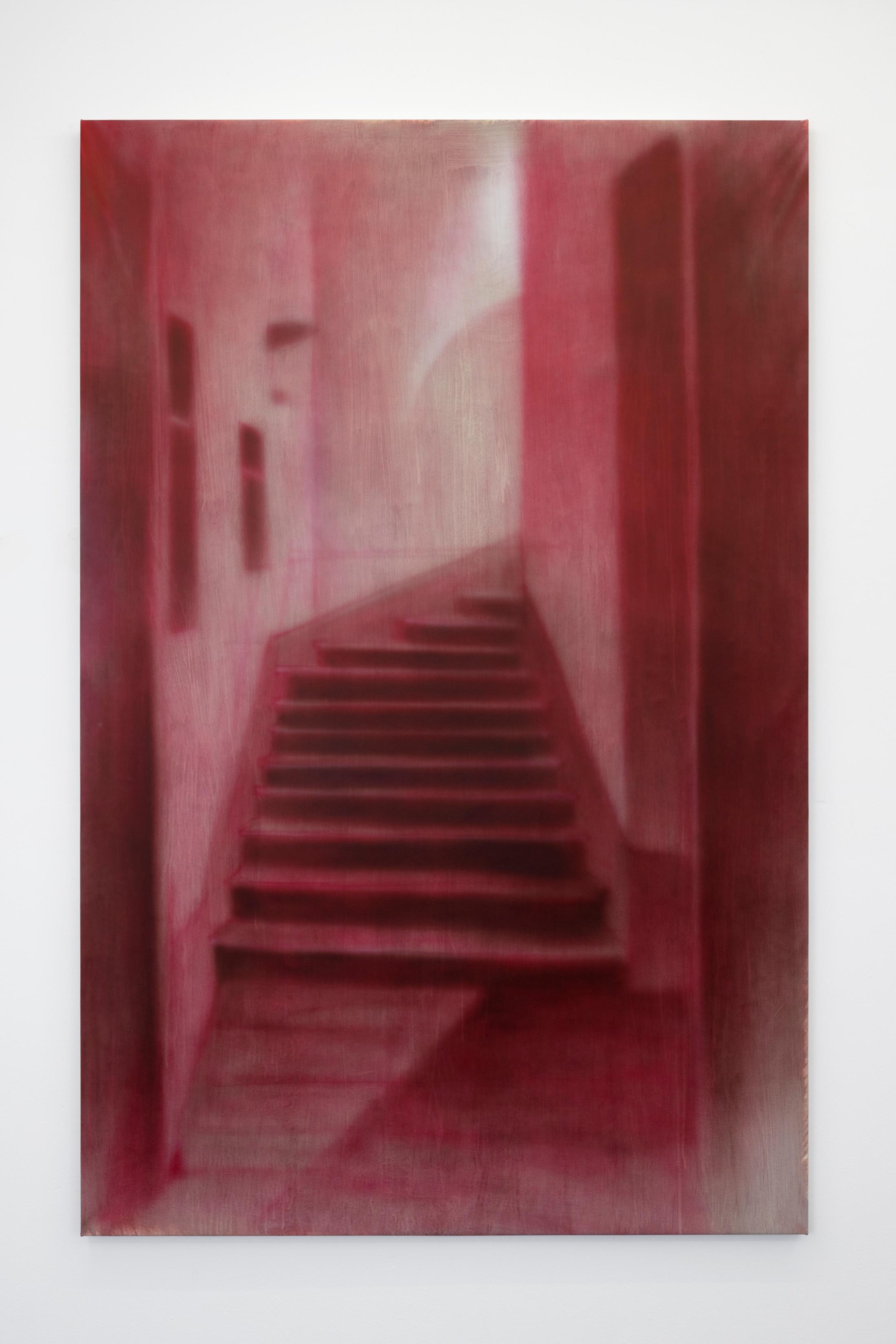 Exhibition View Will Sheldon Solo Show «Luxury Loneliness; view on Will Sheldon, Untitled (Red), 2022, Airbrushed acrylic on canvas, 216 × 140 cm» at Weiss Falk, Basel, 2022 / Photo: Gina Folly / Courtesy: the artist and Weiss Falk